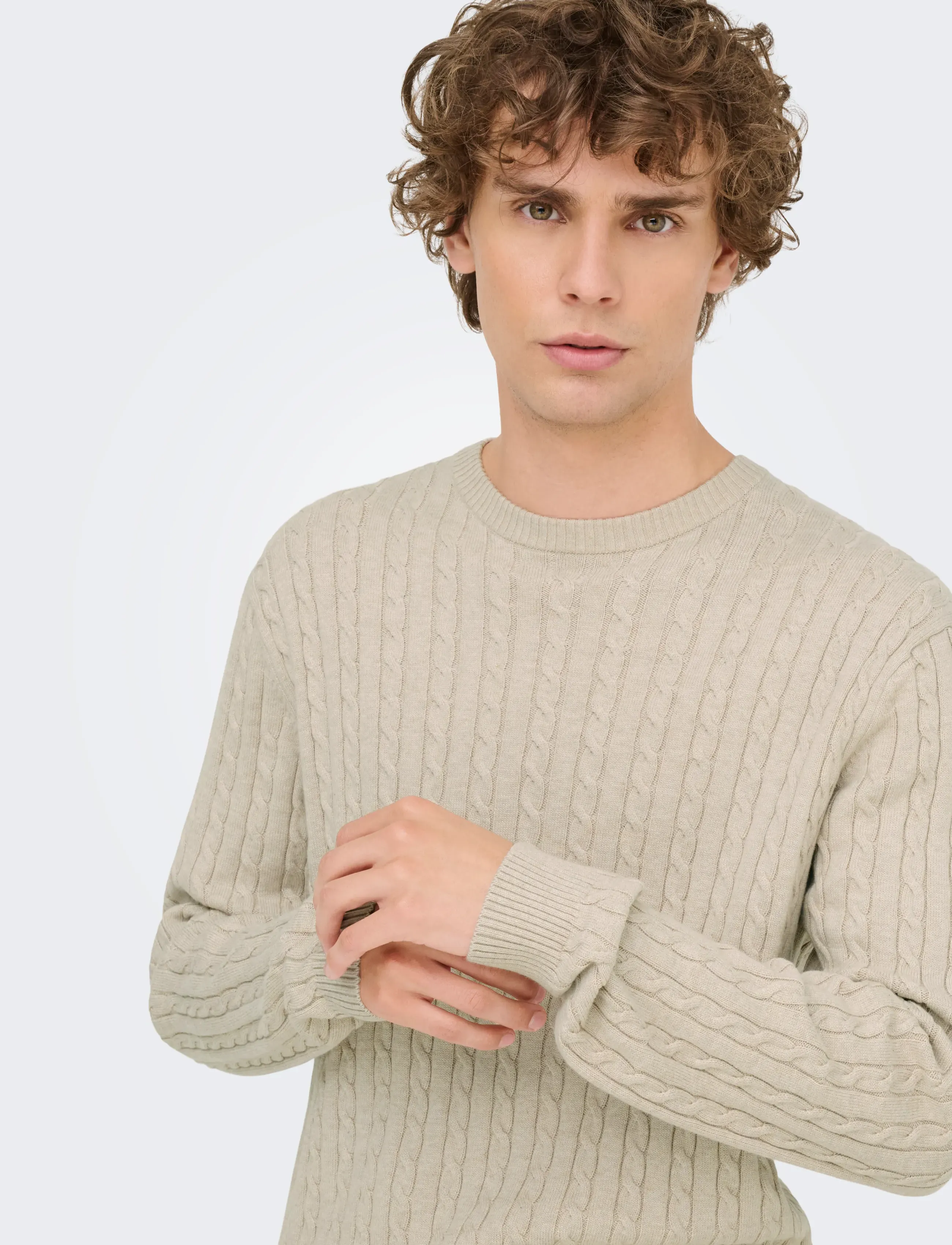 ONLY & SONS - ONSLOUI REG 12 CABEL CREW KNIT NOOS - round necks - oatmeal - 5