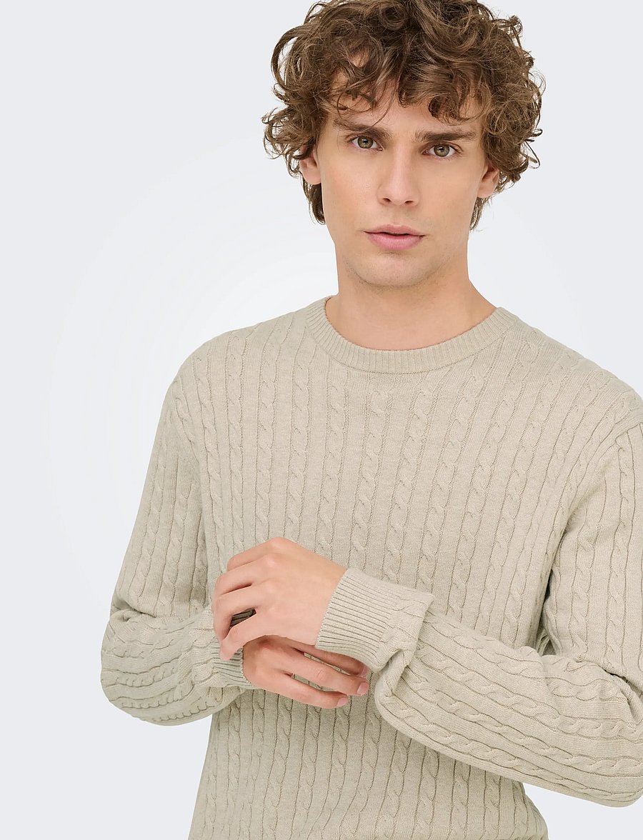 ONLY & SONS - ONSLOUI REG 12 CABEL CREW KNIT NOOS - round necks - oatmeal - 5