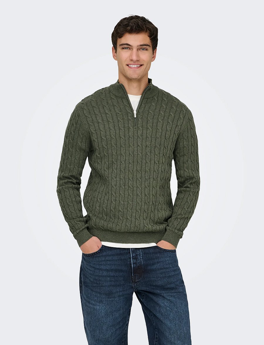 ONLY & SONS - ONSLOUI REG 12 CABEL HALF ZIP KNIT NOOS - half zip jumpers - castor gray - 0