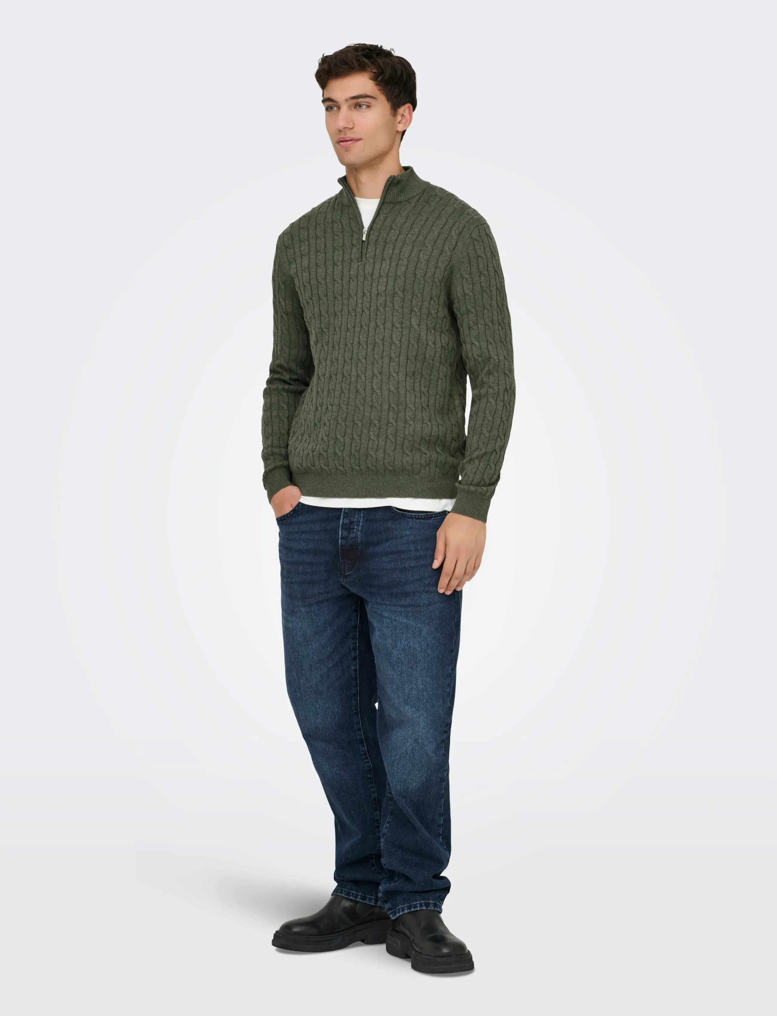 ONLY & SONS - ONSLOUI REG 12 CABEL HALF ZIP KNIT NOOS - half zip jumpers - castor gray - 4