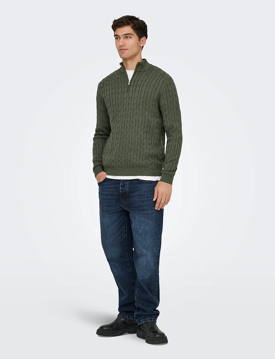 ONLY & SONS - ONSLOUI REG 12 CABEL HALF ZIP KNIT NOOS - half zip jumpers - castor gray - 4