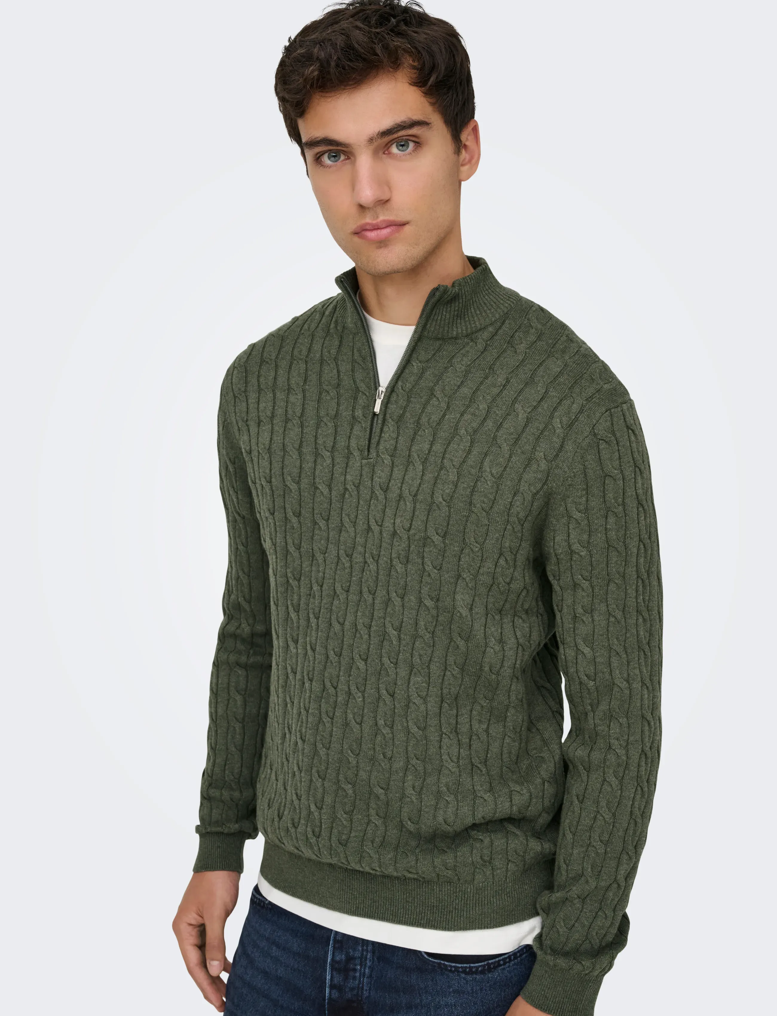 ONLY & SONS - ONSLOUI REG 12 CABEL HALF ZIP KNIT NOOS - half zip jumpers - castor gray - 5