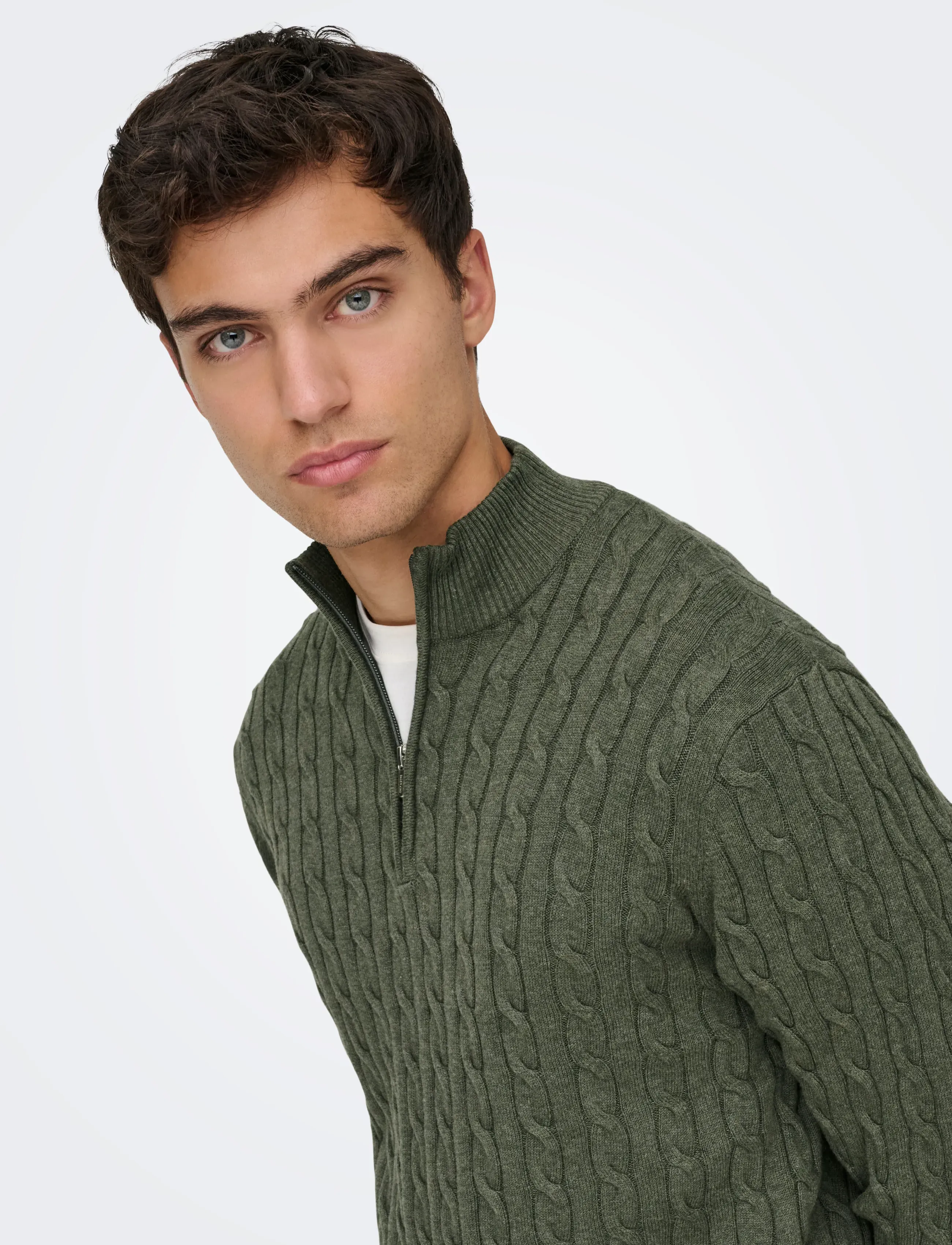 ONLY & SONS ONSLOUI REG 12 CABEL HALF ZIP KNIT NOOS - Kläder - CASTOR GRAY / khaki/green
