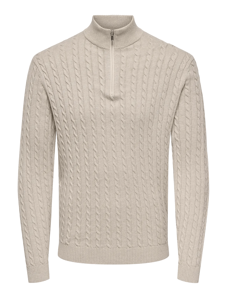 ONLY & SONS - ONSLOUI REG 12 CABEL HALF ZIP KNIT NOOS - half zip jumpers - oatmeal - 1