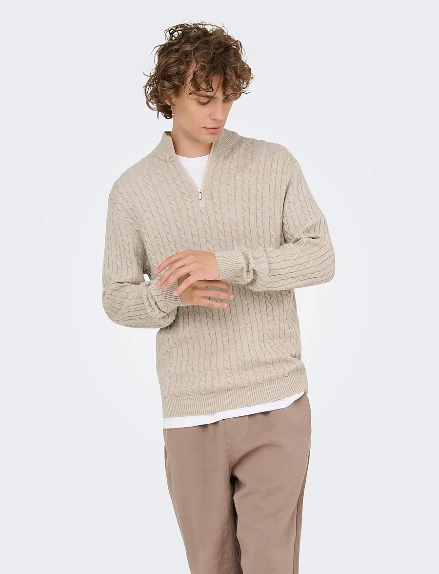 ONLY & SONS - ONSLOUI REG 12 CABEL HALF ZIP KNIT NOOS - half zip jumpers - oatmeal - 0