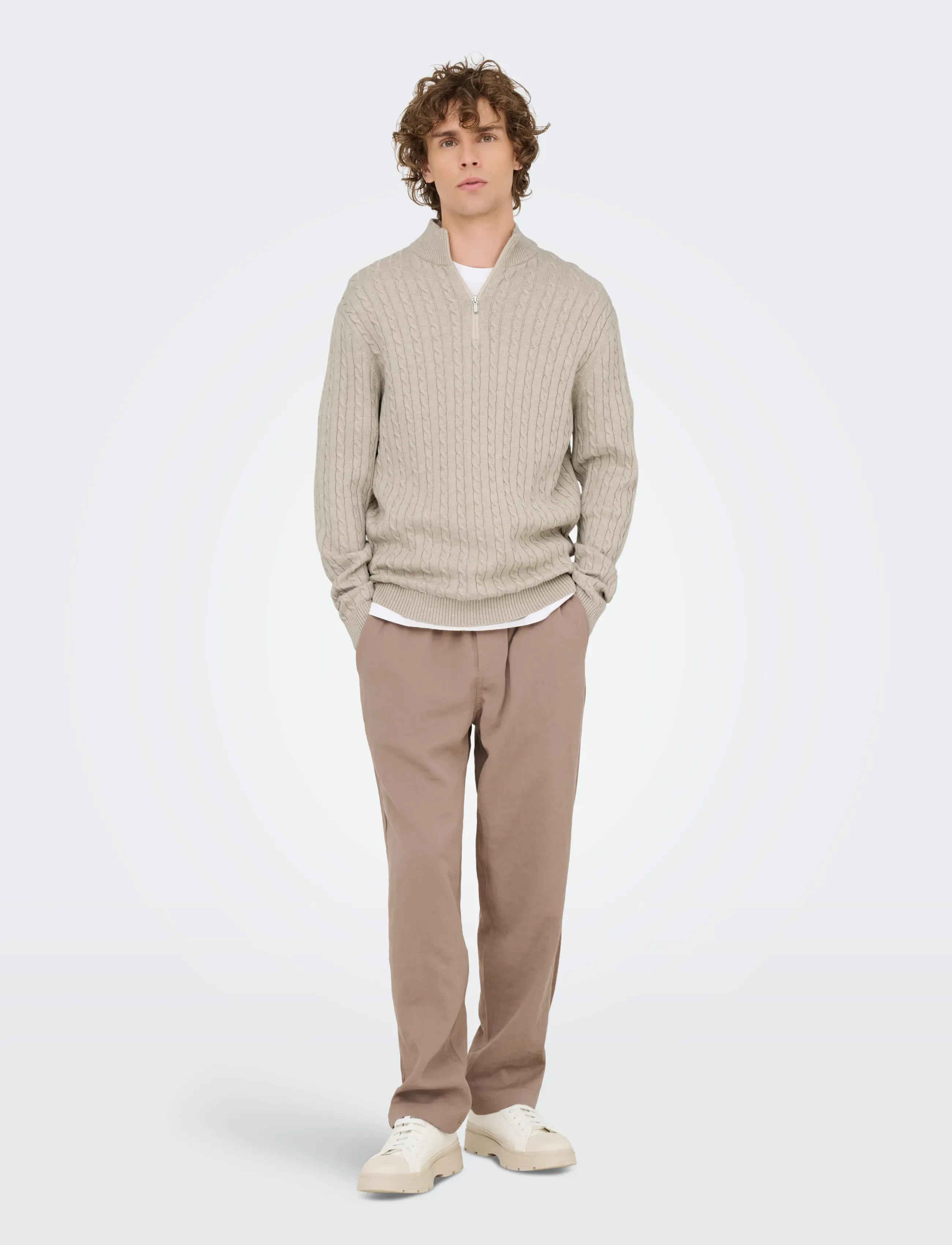 ONLY & SONS - ONSLOUI REG 12 CABEL HALF ZIP KNIT NOOS - half zip jumpers - oatmeal - 4