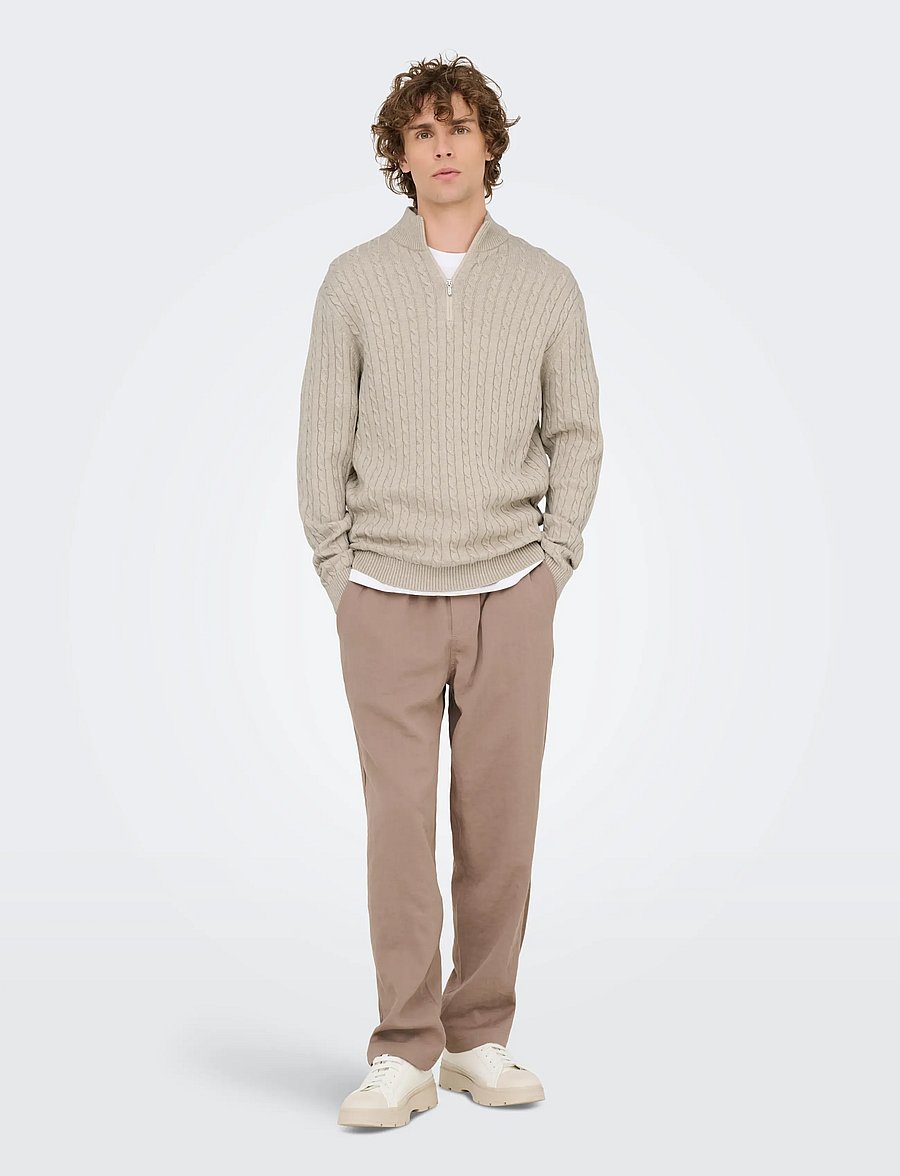 ONLY & SONS - ONSLOUI REG 12 CABEL HALF ZIP KNIT NOOS - half zip jumpers - oatmeal - 4