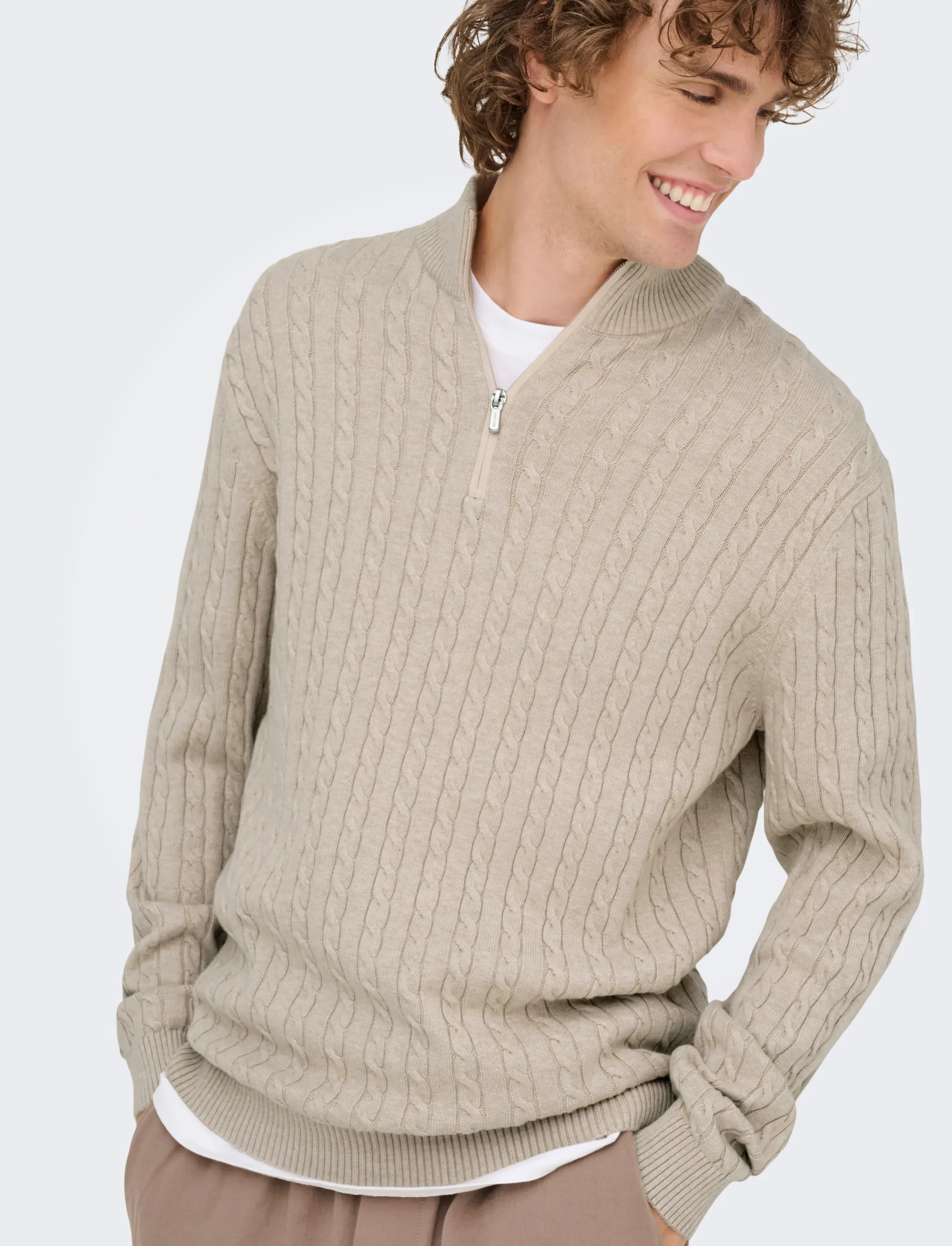 ONLY & SONS - ONSLOUI REG 12 CABEL HALF ZIP KNIT NOOS - half zip jumpers - oatmeal - 5