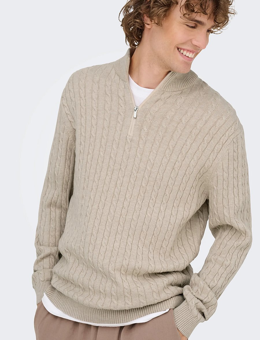 ONLY & SONS - ONSLOUI REG 12 CABEL HALF ZIP KNIT NOOS - half zip jumpers - oatmeal - 5