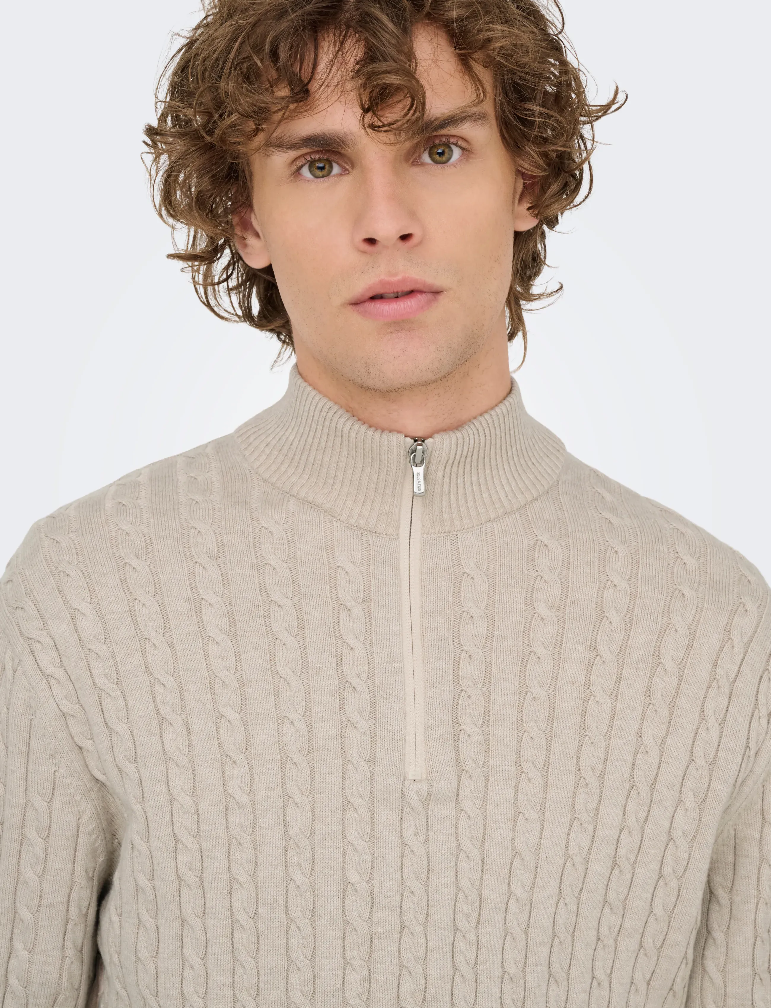 ONLY & SONS ONSLOUI REG 12 CABEL HALF ZIP KNIT NOOS - Clothing - OATMEAL / beige