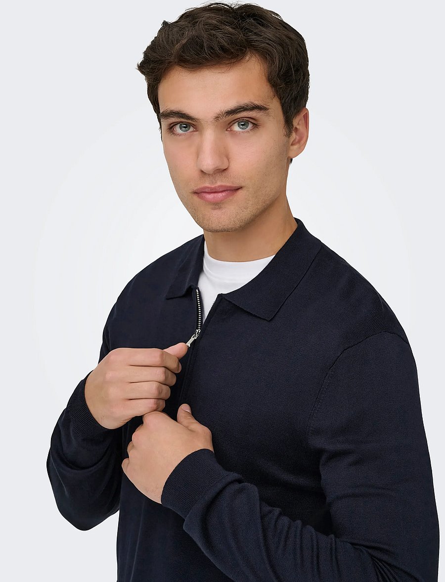 ONLY & SONS - ONSWYLER LIFE REG 14 HALF ZIP POLO KNIT - långärmade stickade pikétröjor - dark navy - 4
