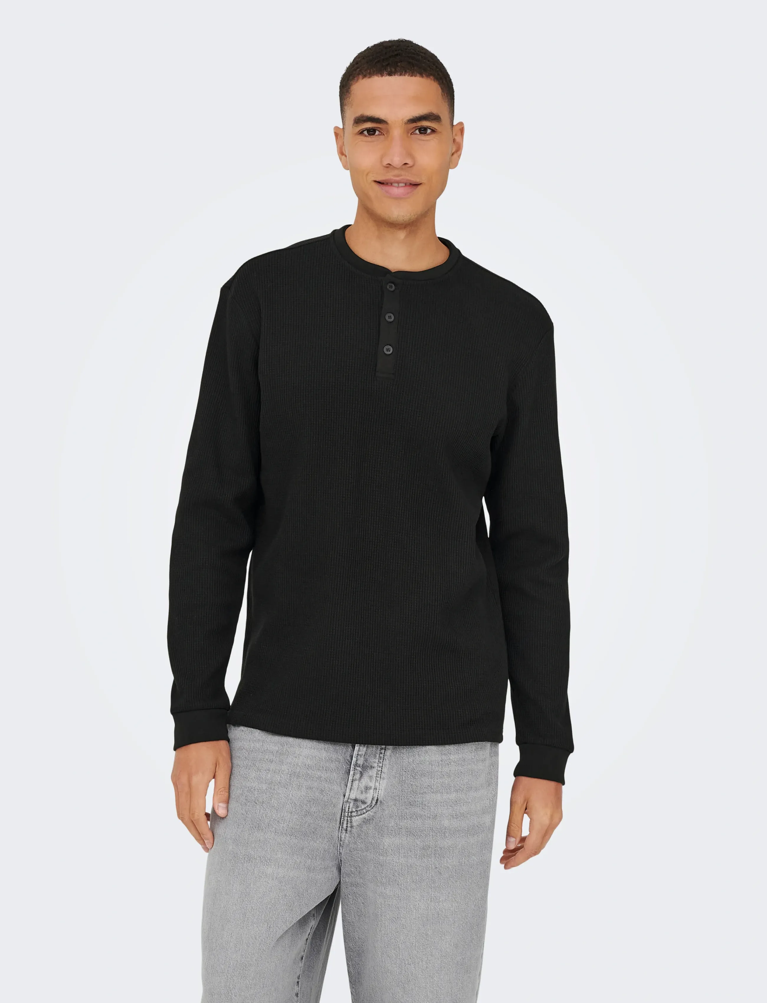 ONLY & SONS Onstobie Reg Ls Henley Tee Noos, XXL, T-shirts, Schwarz - Long-sleeved, Männerswear