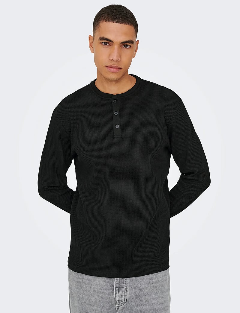 ONLY & SONS - ONSTOBIE REG LS HENLEY TEE NOOS - långärmade t-shirts - black - 4