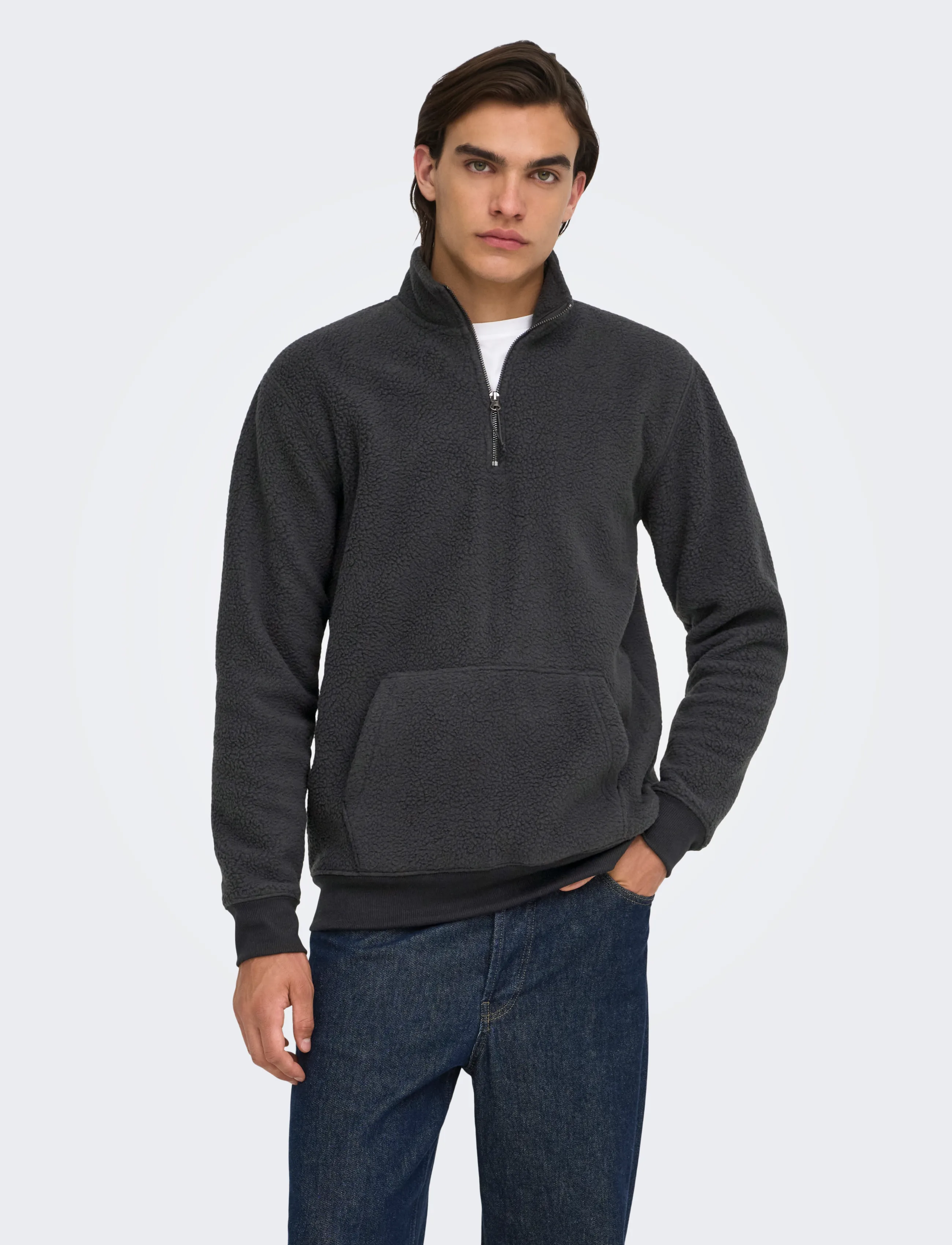 ONLY & SONS Onsemilio Reg Teddy Half Zip Sweat Vd, Mænd, Teddy Lynlås Sweatshirt, Sort, Str: M