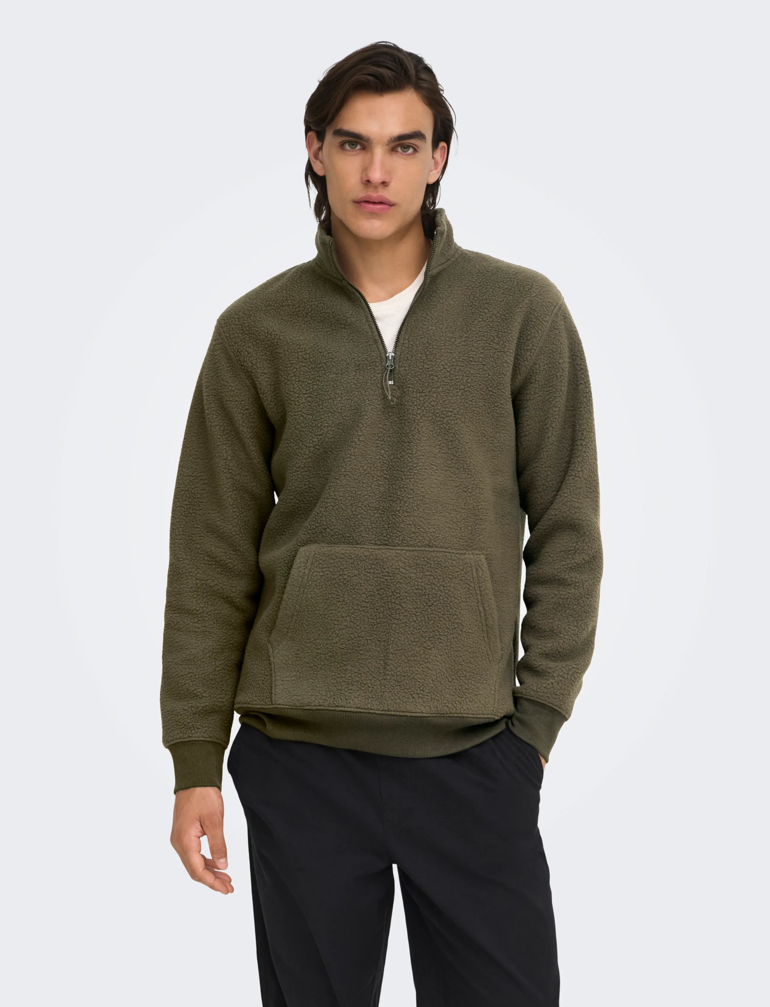 ONLY & SONS ONSEMILIO REG TEDDY HALF ZIP SWEAT VD - ONLY & SONS - CANTEEN / khaki/green