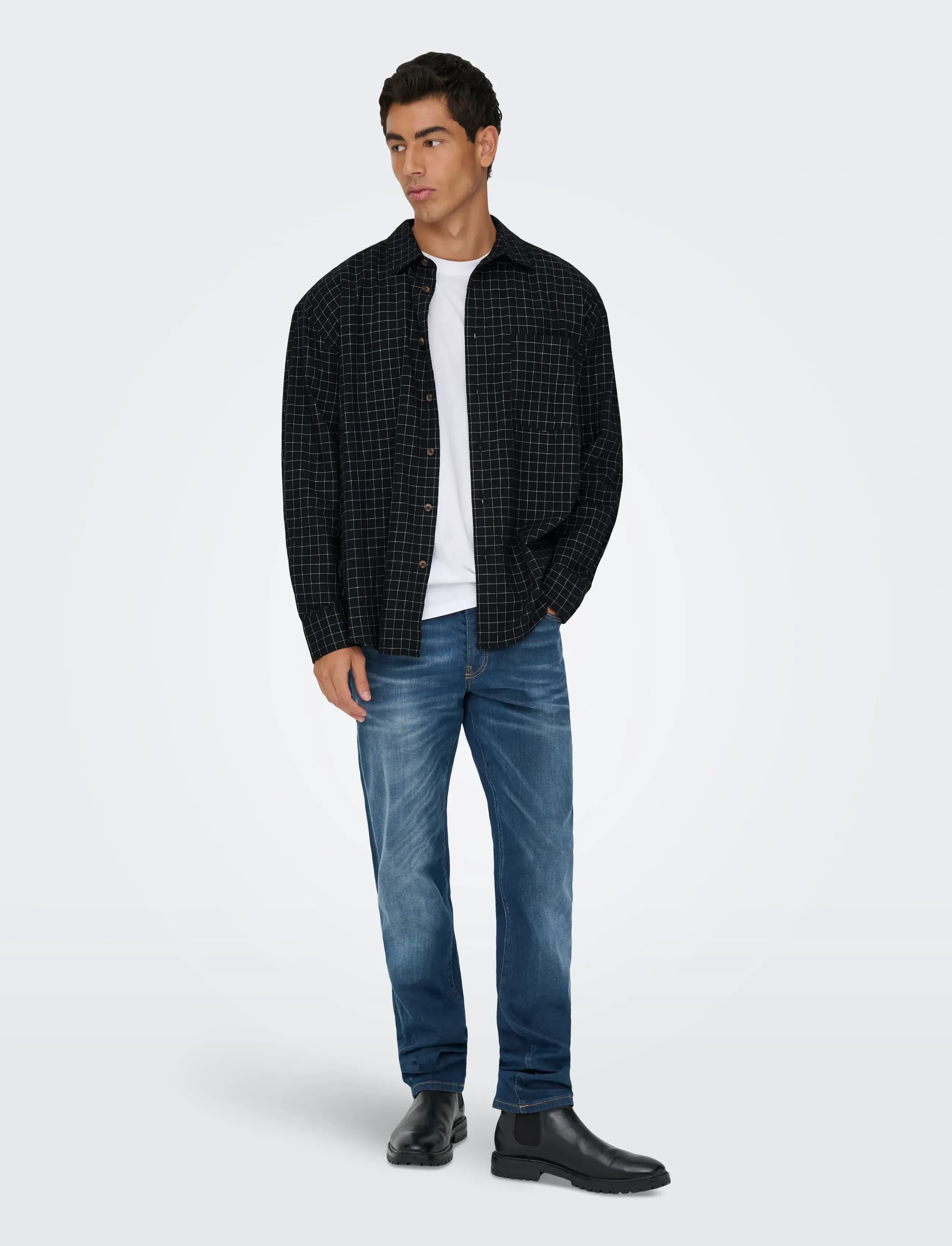 ONLY & SONS Onsbarney Rlx Check Ls Shirt Cf, L, Black, Skjorter > Afslappet Shirts, Herre