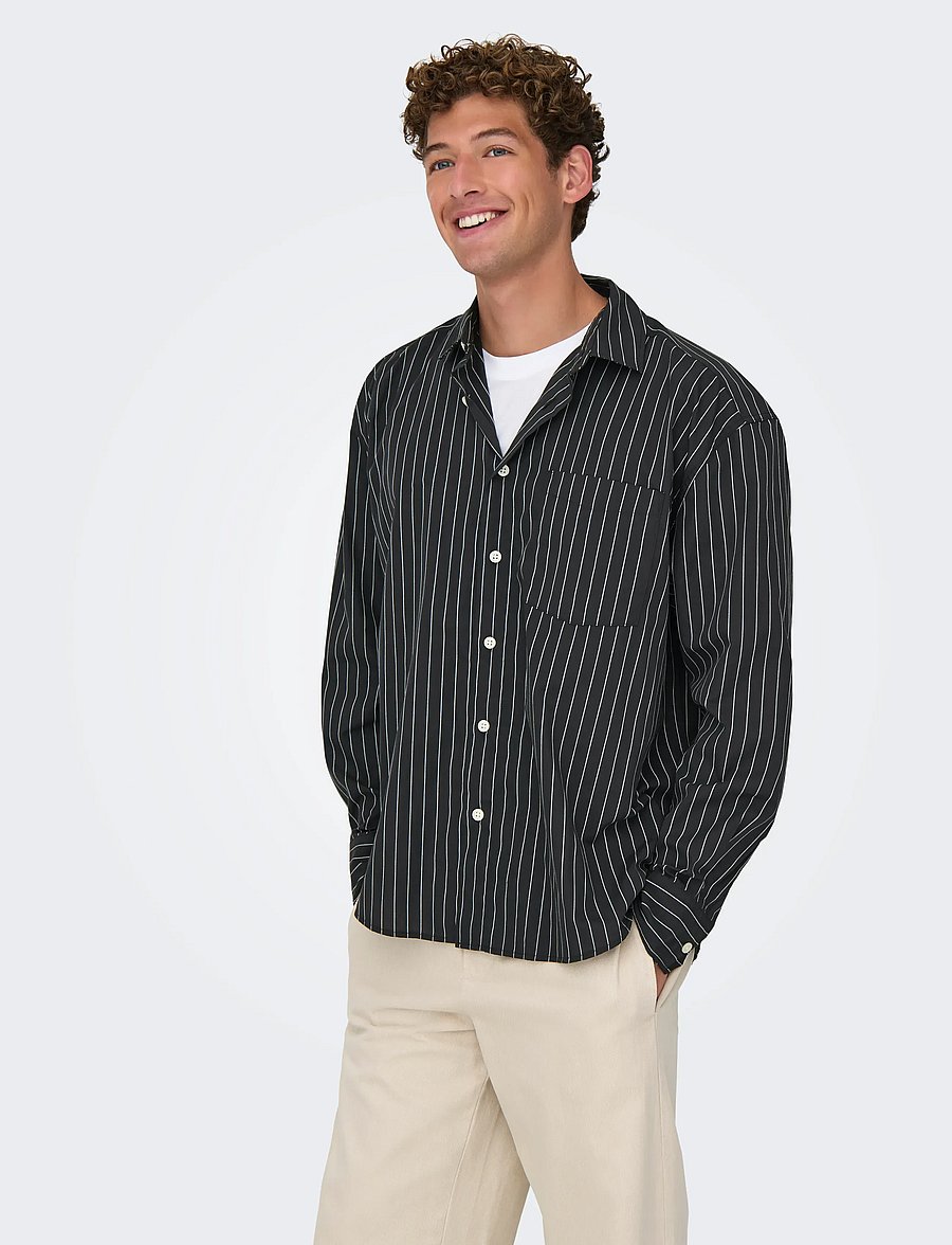 ONLY & SONS - ONSBARRY RLX POPPLIN STRIPE LS CF - randiga skjortor - jet black - 0