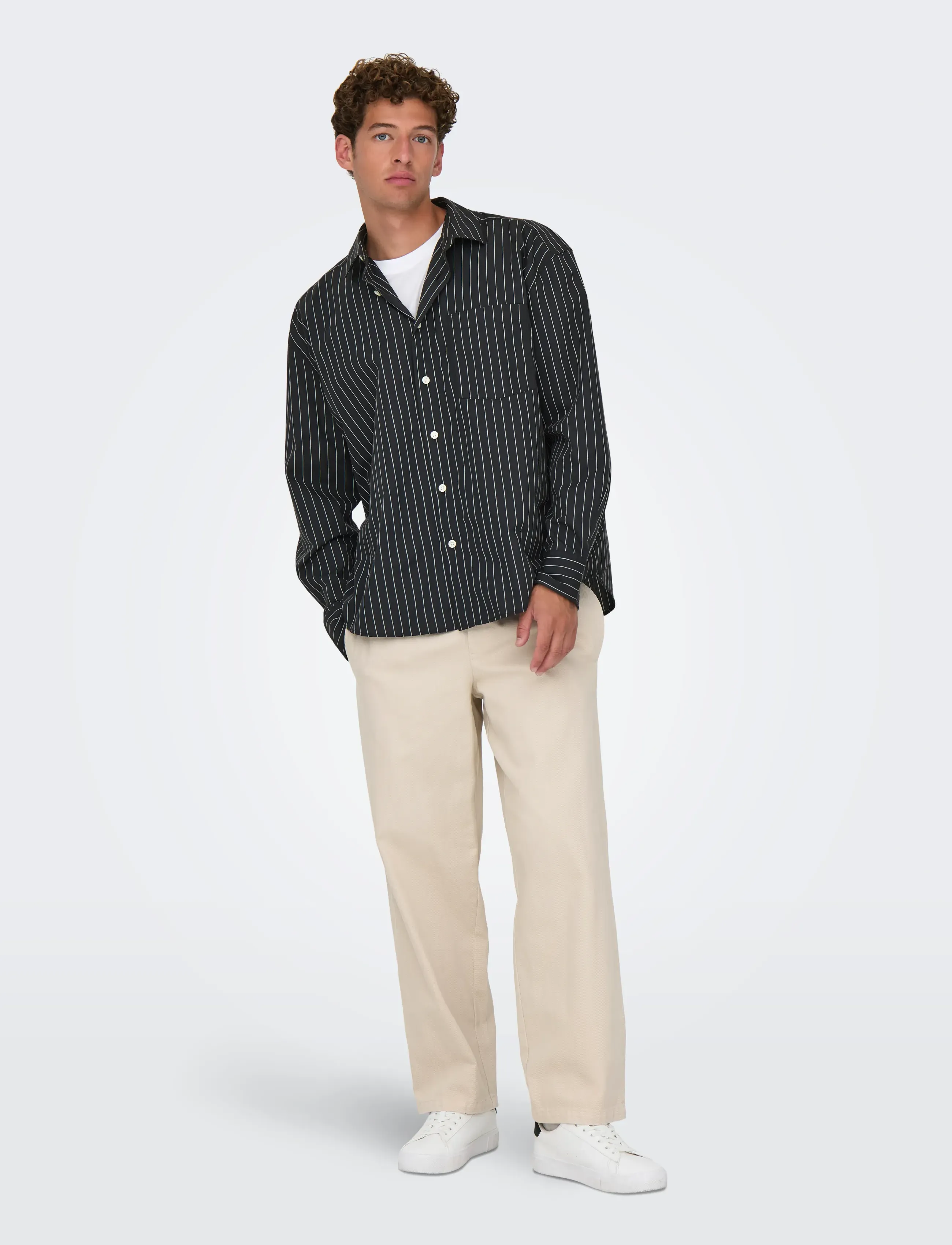 ONLY & SONS - ONSBARRY RLX POPPLIN STRIPE LS CF - randiga skjortor - jet black - 4