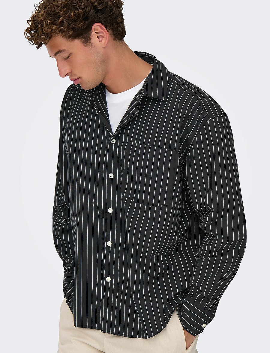 ONLY & SONS - ONSBARRY RLX POPPLIN STRIPE LS CF - randiga skjortor - jet black - 5