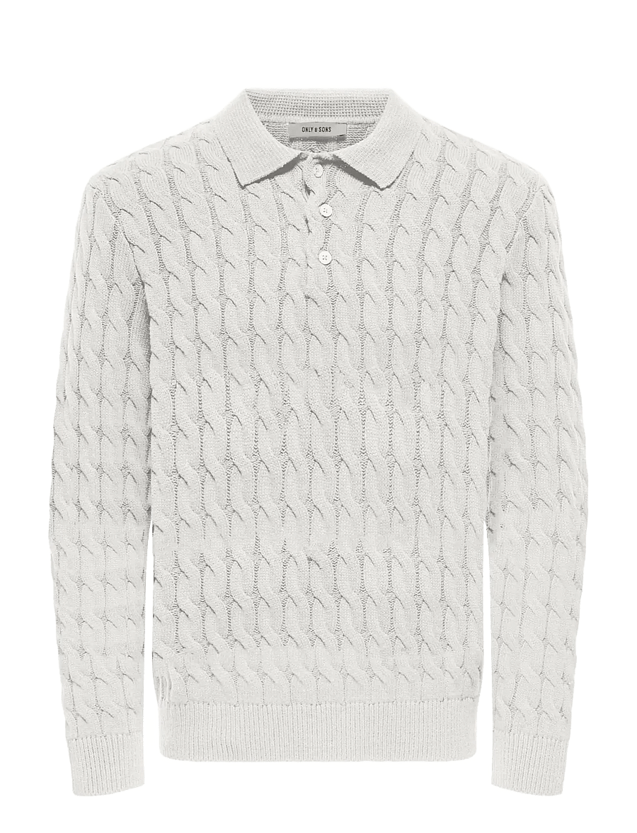 ONLY & SONS - ONSKICKER LIFE RLX LS CABEL POLO KNIT - långärmade stickade pikétröjor - antique white - 1