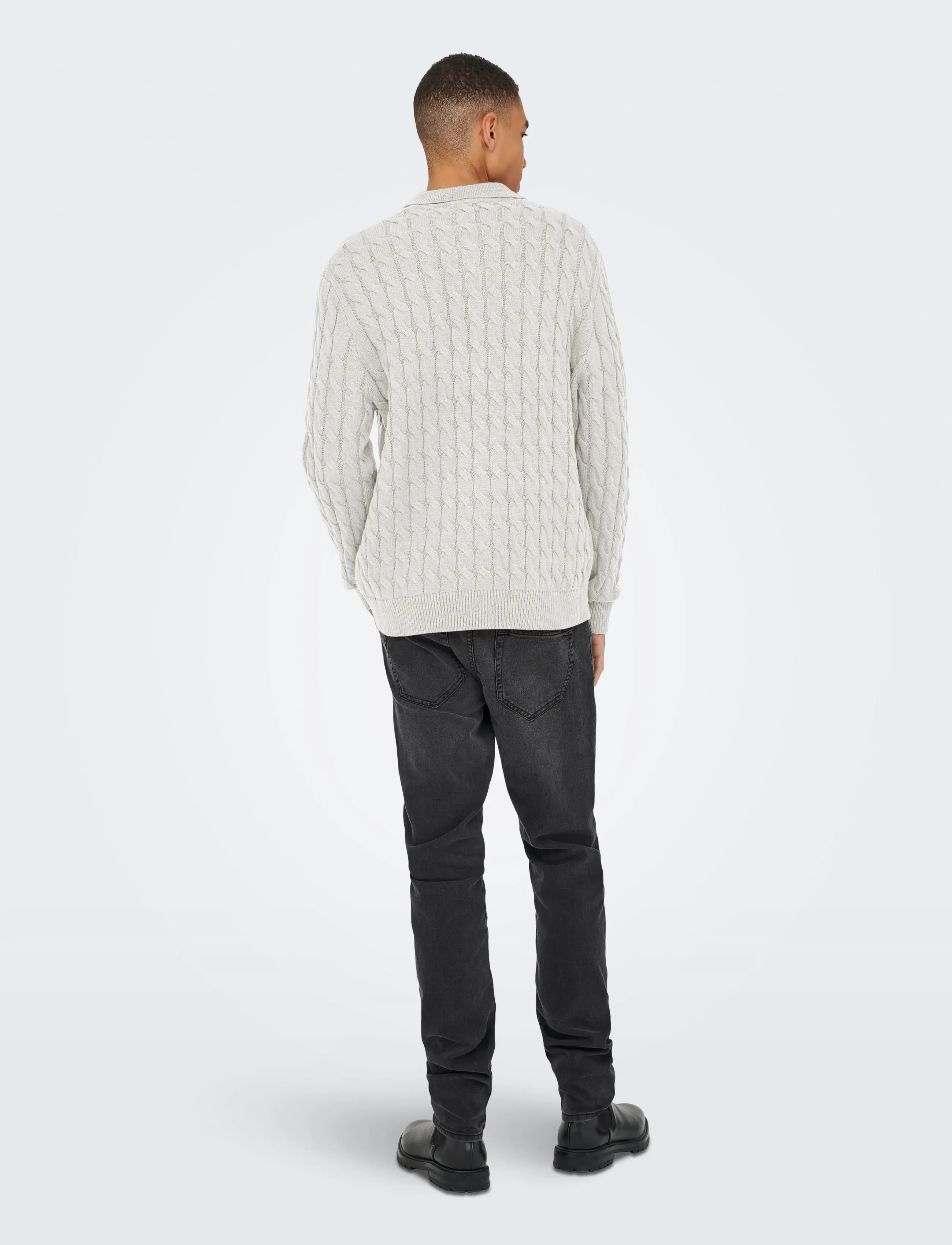 ONLY & SONS - ONSKICKER LIFE RLX  LS CABEL POLO KNIT - long-sleeved knitted polos - antique white - 3