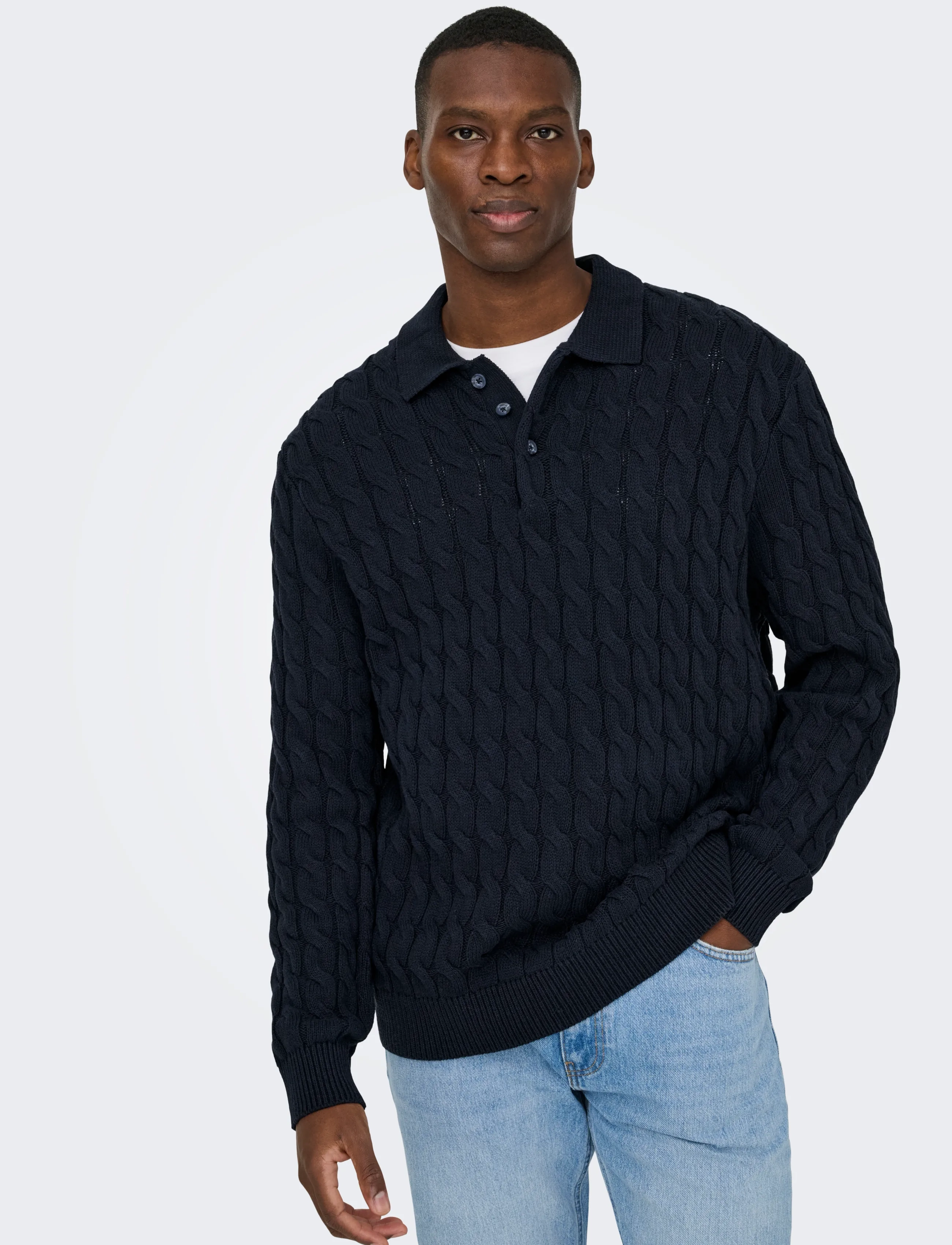 ONLY & SONS - ONSKICKER LIFE RLX  LS CABEL POLO KNIT - langärmelige gestrickte polohemden - dark navy - 4