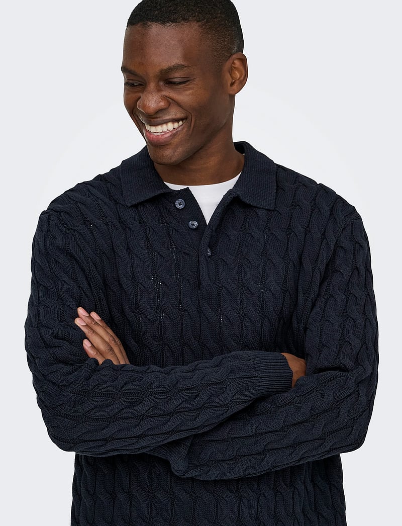 ONLY & SONS - ONSKICKER LIFE RLX LS CABEL POLO KNIT - polostrik - dark navy - 5