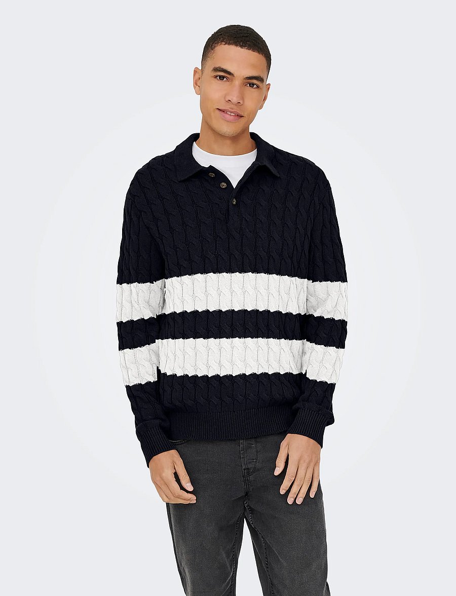 ONLY & SONS - ONSKICKER LIFE RLX LS CABEL POLO KNIT - langärmelige gestrickte polohemden - dark navy - 0