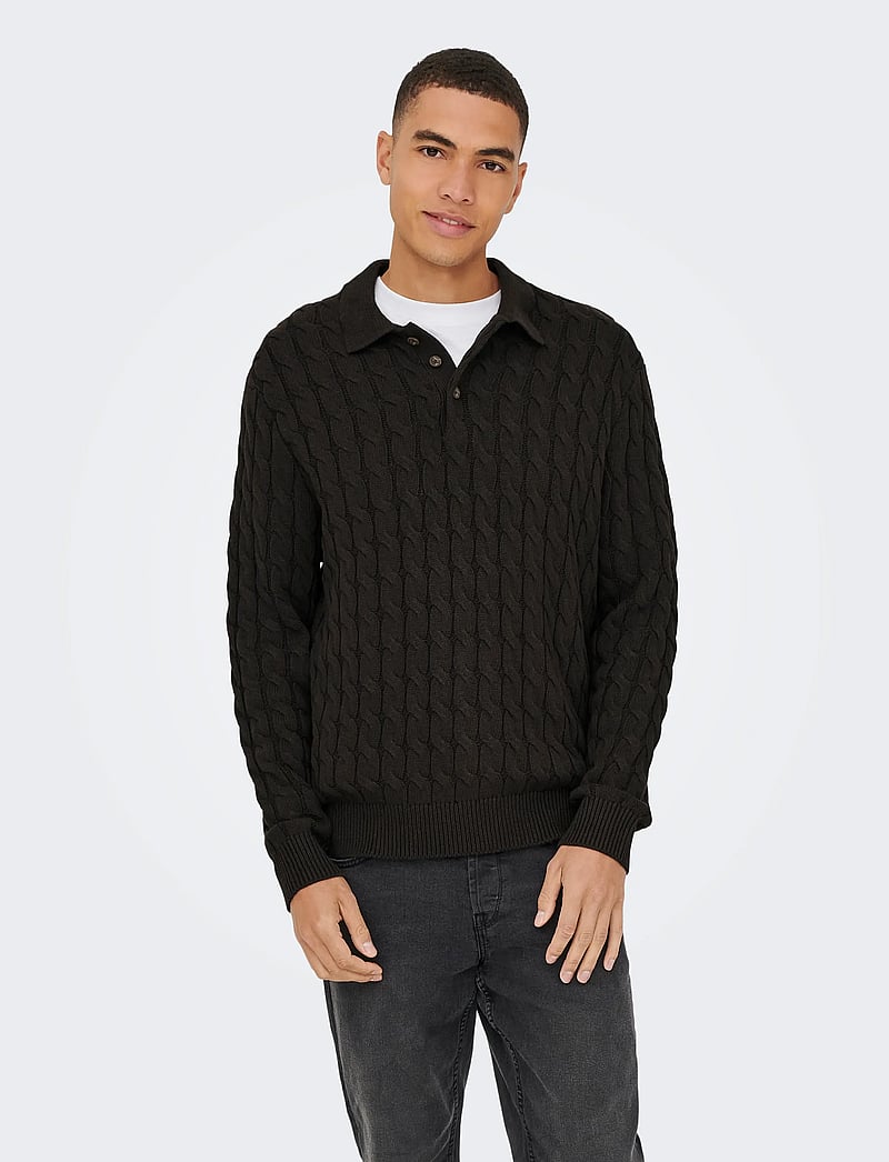 ONLY & SONS - ONSKICKER LIFE RLX LS CABEL POLO KNIT - long-sleeved knitted polos - demitasse - 0