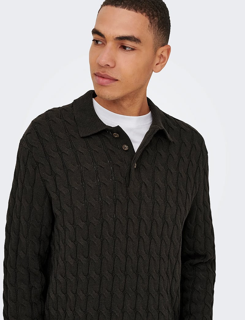 ONLY & SONS - ONSKICKER LIFE RLX LS CABEL POLO KNIT - long-sleeved knitted polos - demitasse - 4