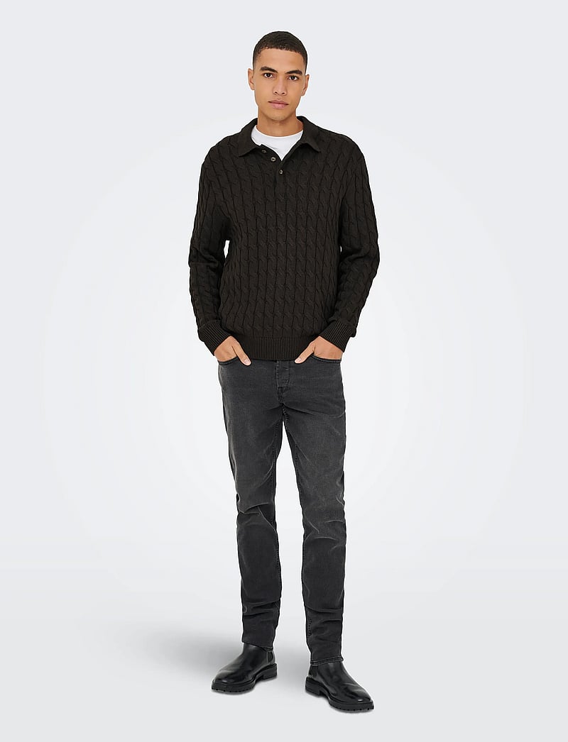 ONLY & SONS - ONSKICKER LIFE RLX LS CABEL POLO KNIT - long-sleeved knitted polos - demitasse - 5