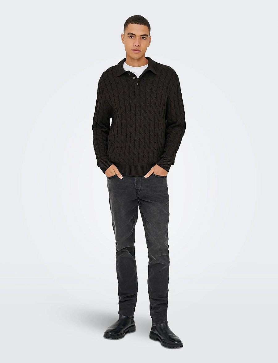 ONLY & SONS - ONSKICKER LIFE RLX LS CABEL POLO KNIT - langärmelige gestrickte polohemden - demitasse - 5
