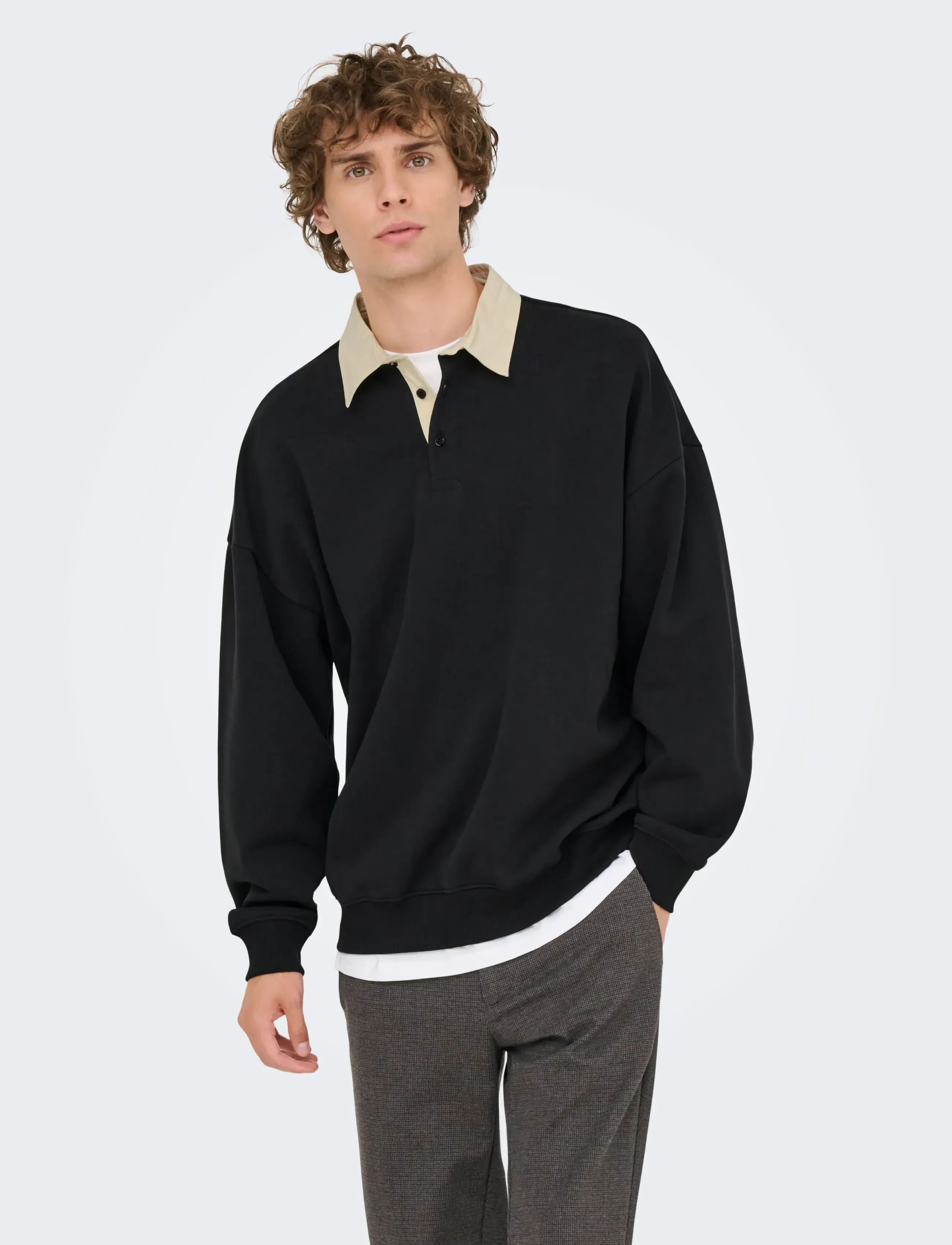 ONLY & SONS Onsjeffrey Vtg Ls Rugby Solid Polo, M, Polos, Schwarz - Long-sleeved, Männerswear