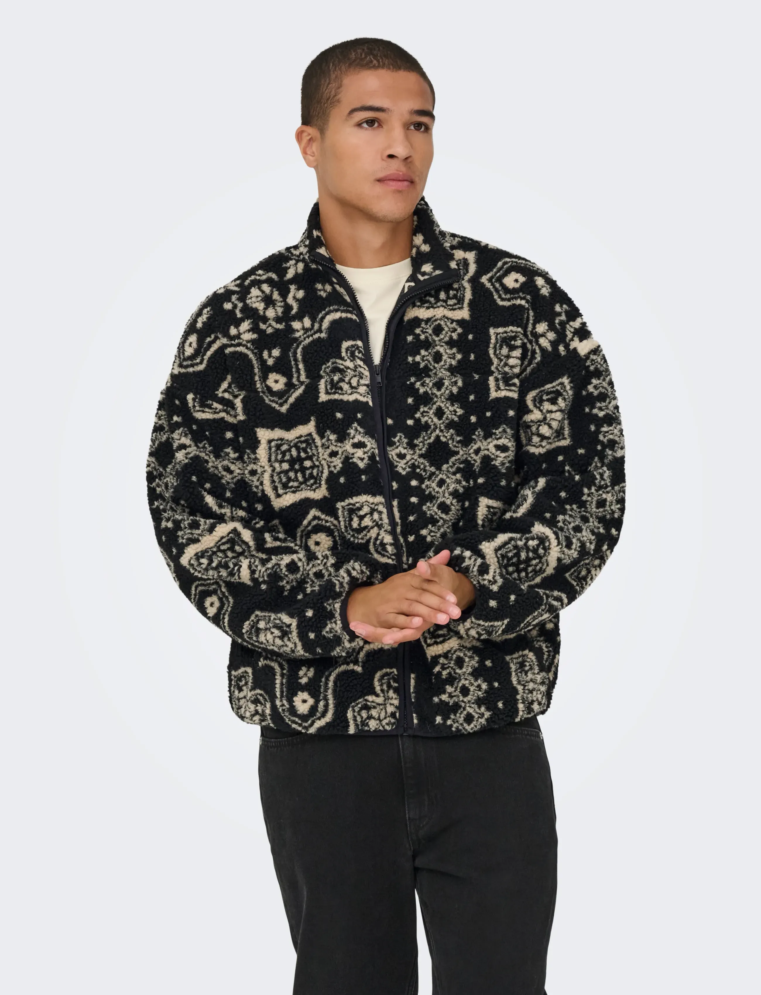 ONLY & SONS Onsjames Life Ovz Ls Fleece Aop Sweat, XS, Sweatshirts Hoodies, Schwarz - Fleeces, Männerswear