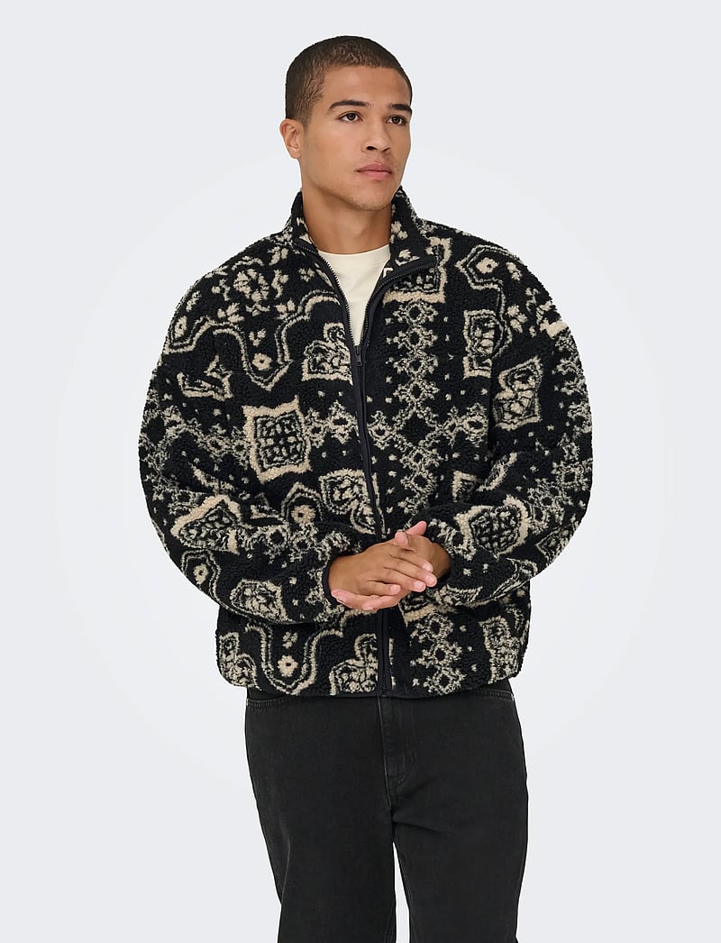 ONLY & SONS - ONSJAMES LIFE OVZ LS FLEECE AOP SWEAT - teddytröjor - jet black - 0