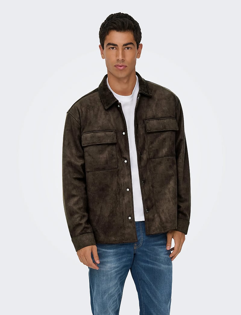 ONLY & SONS - ONSRAVI FAKE SUEDE SHACKET OTW - kurtki jesienne - chocolate torte - 0