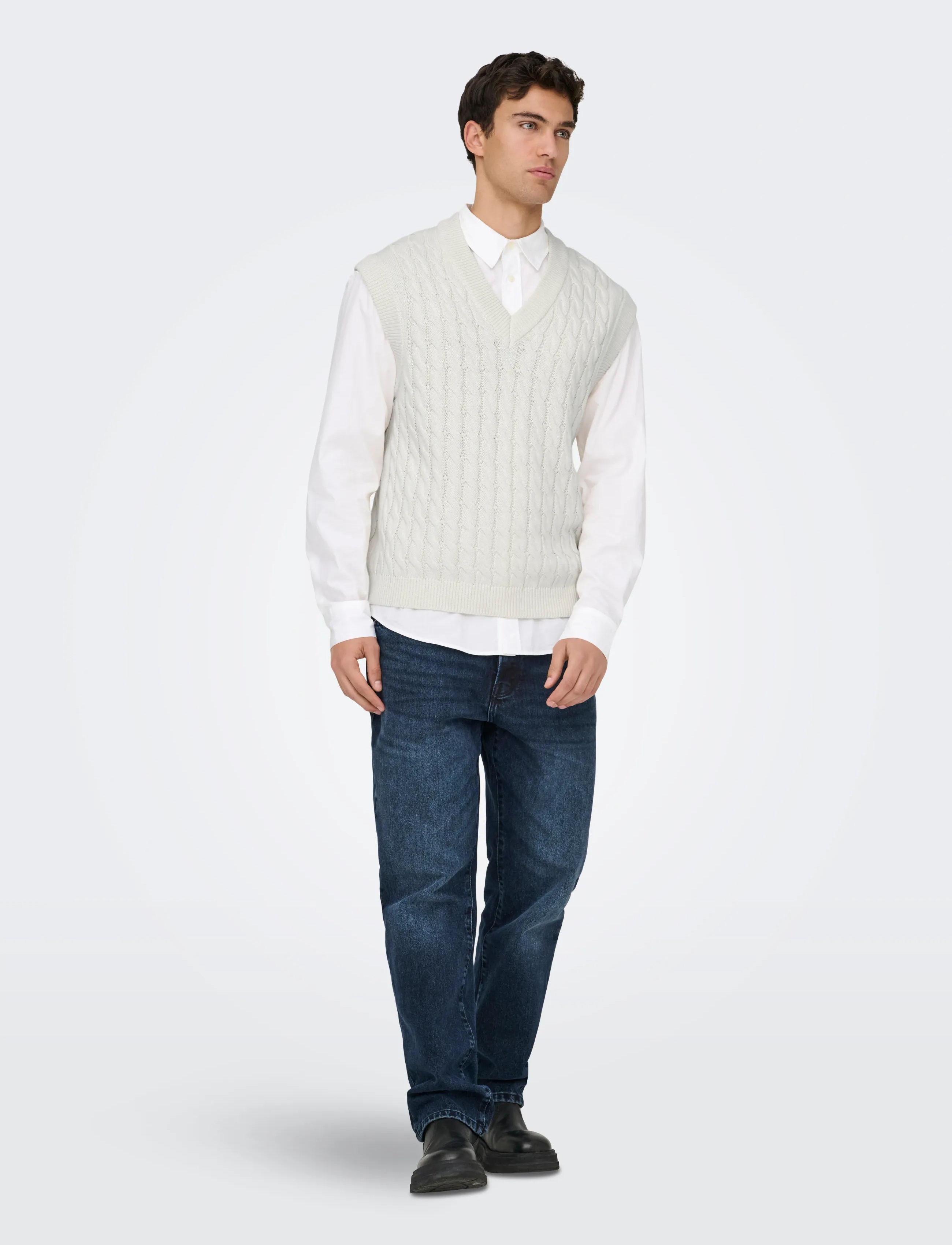 ONLY & SONS Onskicker Life Rlx 3 Cable Vest Knit, XS, White, Strik > Strikkede Veste, Herre