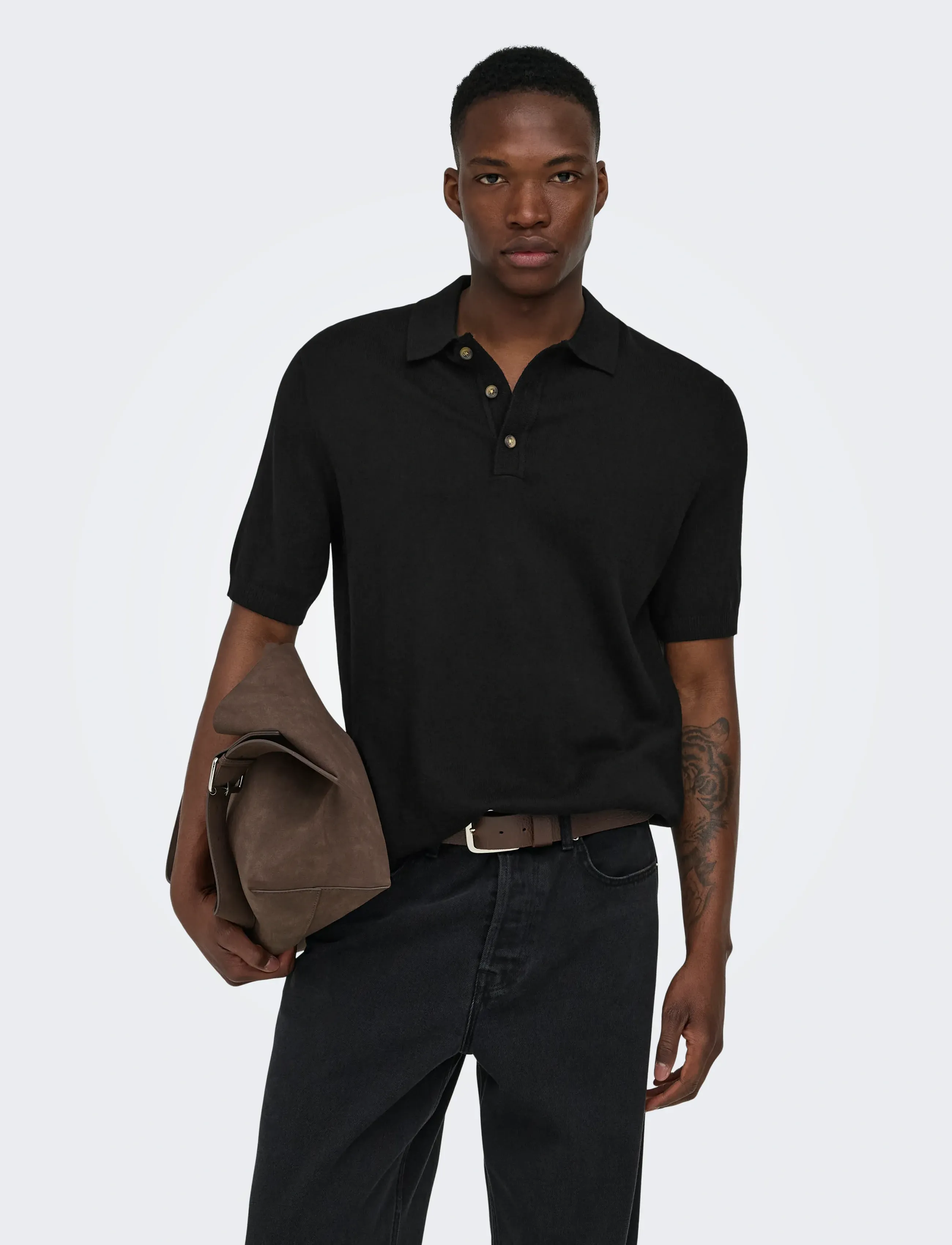 ONLY & SONS ONSLOUI REG 12 SS MEL POLO KNIT NOOS - Looks for less - BLACK / black