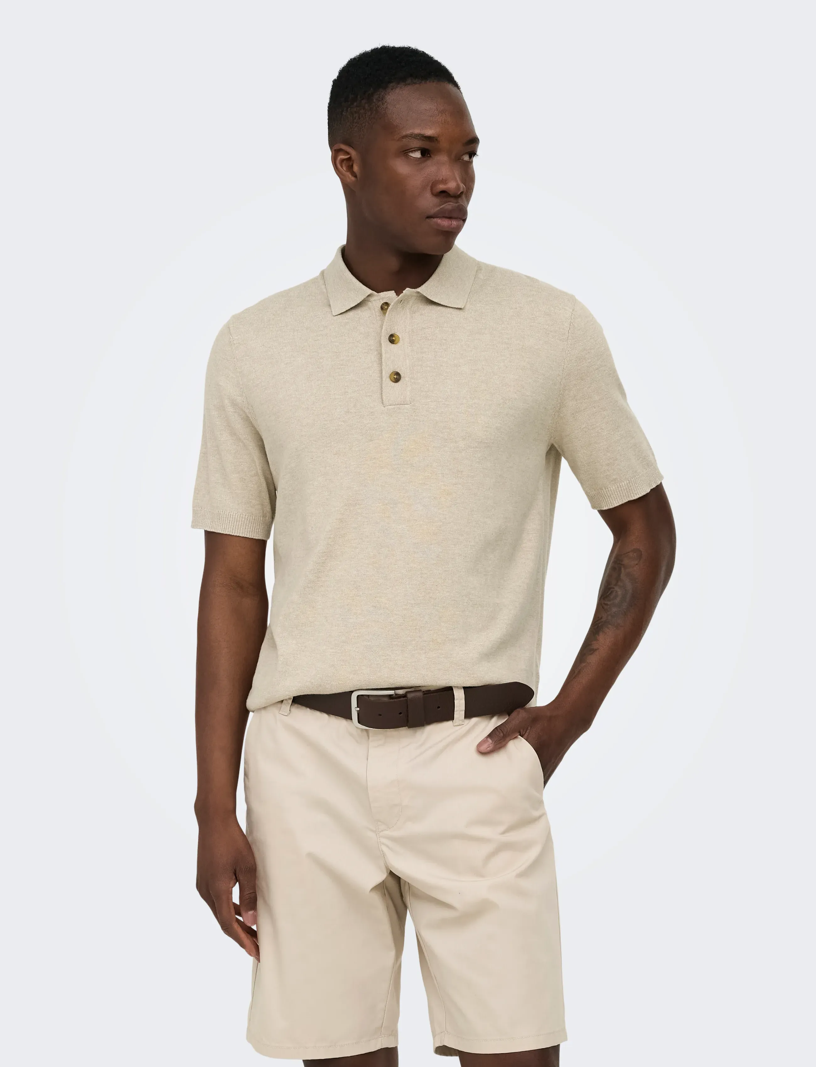 ONLY & SONS Onsloui Reg 12 Ss Mel Polo Knit Noos, S, Knitwear, Beige - Short Sleeve Knitted Polos, Männerswear