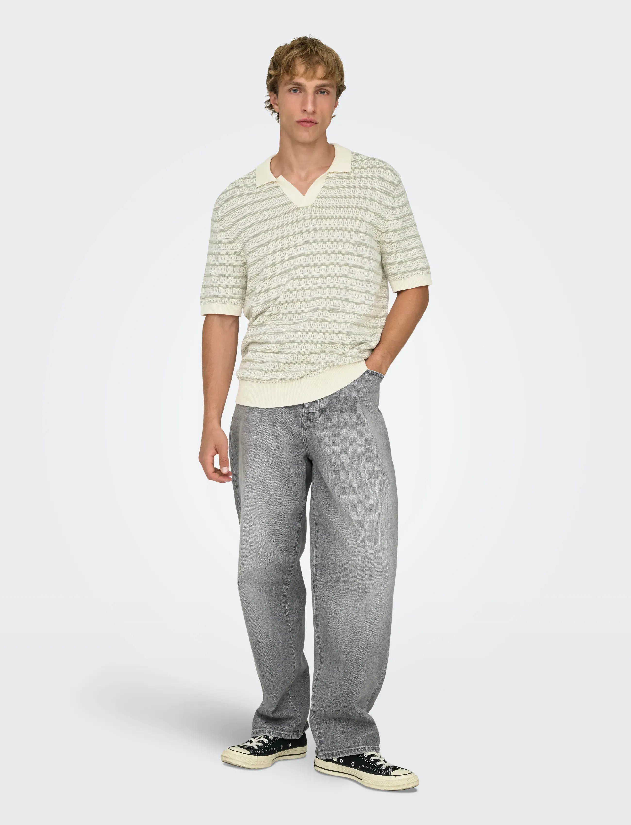 ONLY & SONS - ONSTILO REG SS SPLIT NECK KNIT NOOS - kootud polosärgid - gardenia - 4
