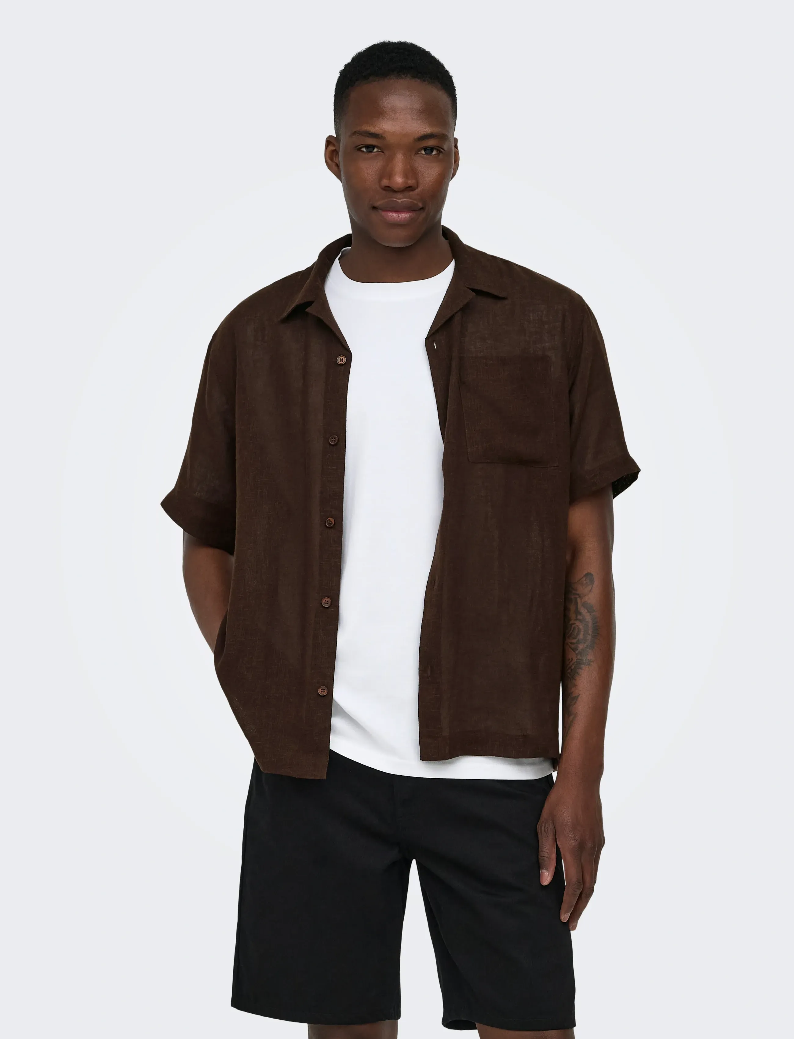 ONLY & SONS ONSLAURENCE LINEN RESORT COLLAR SS NOOS - Vis alt - COFFEE BEAN / brown