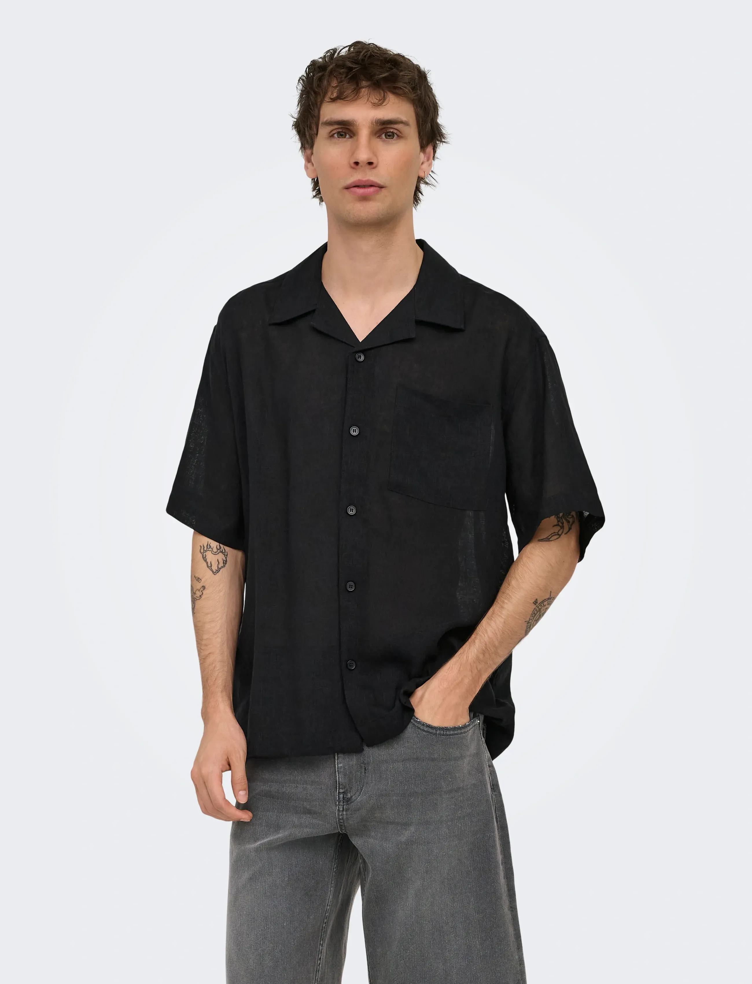 ONLY & SONS Onslaurence Linen Resort Collar Ss Noos, Mænd, Kortærmet Hør Resort Skjorte, Sort, Str: M