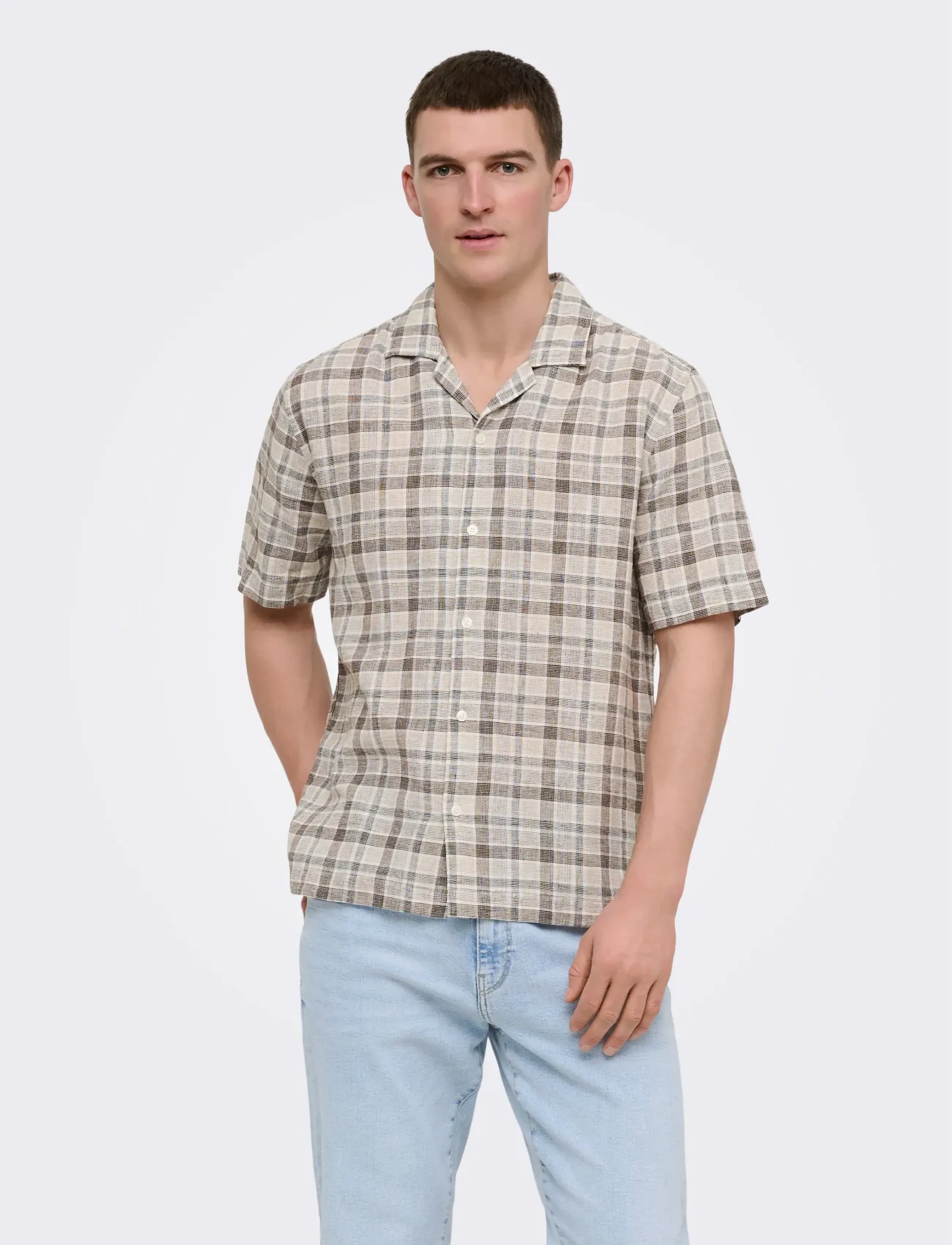 ONLY & SONS Onscaiden Life Check Linen Blend Ss, XL, Brown, Skjorter > Afslappet Shirts, Herre