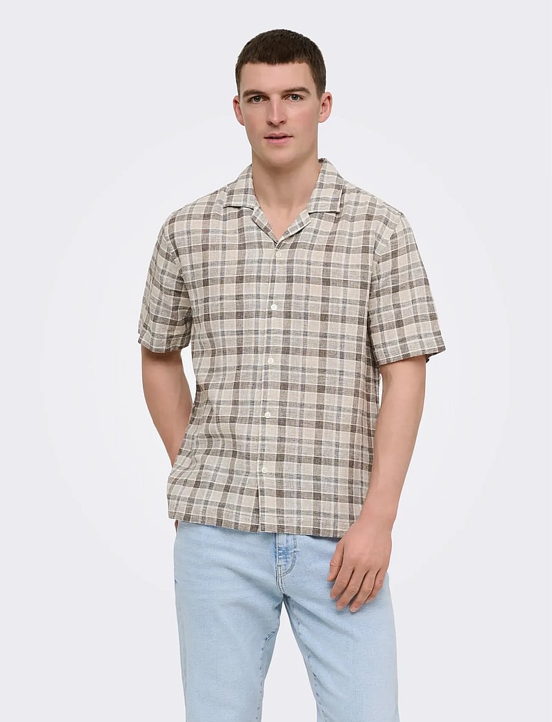 ONLY & SONS - ONSCAIDEN LIFE CHECK LINEN BLEND SS - ternede skjorter - coffee bean - 0