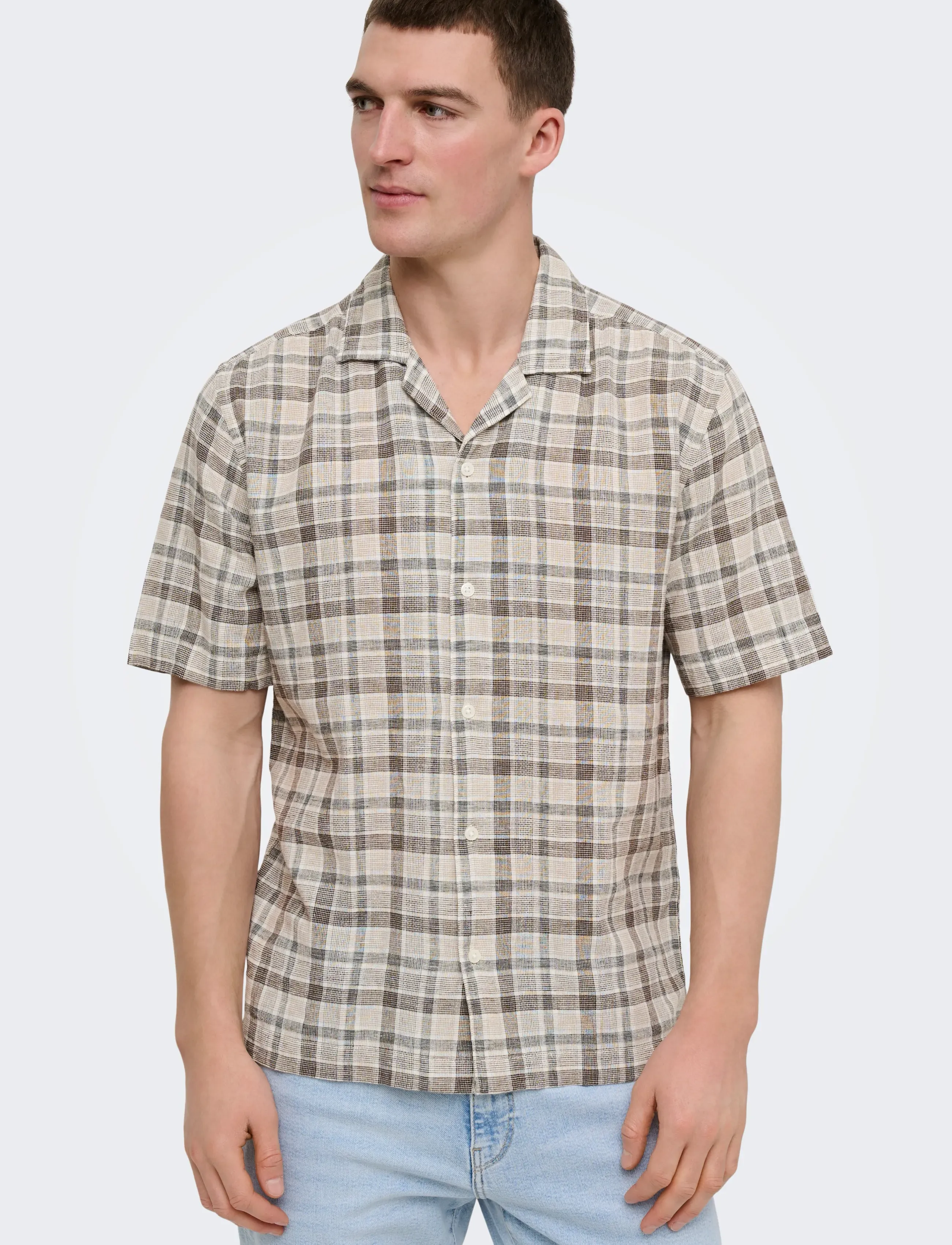 ONLY & SONS - ONSCAIDEN LIFE CHECK LINEN BLEND SS - checkered shirts - coffee bean - 4