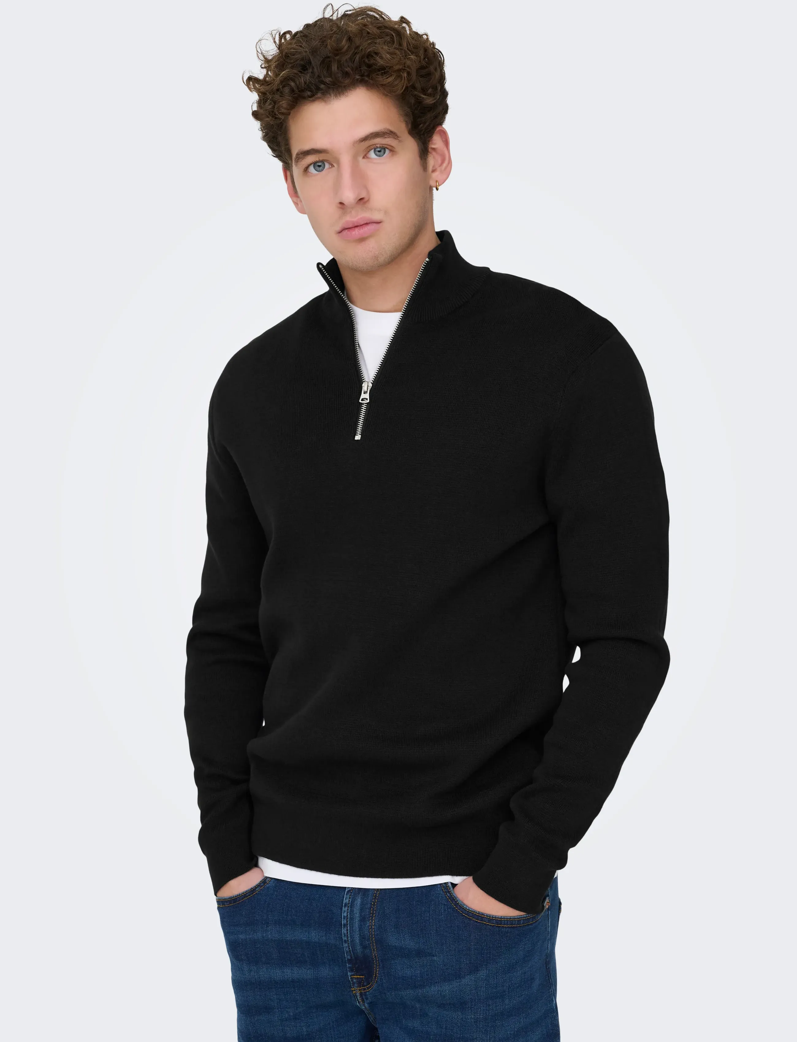 ONLY & SONS ONSTING REG HALF ZIP KNIT NOOS - Streetstyle - BLACK / black