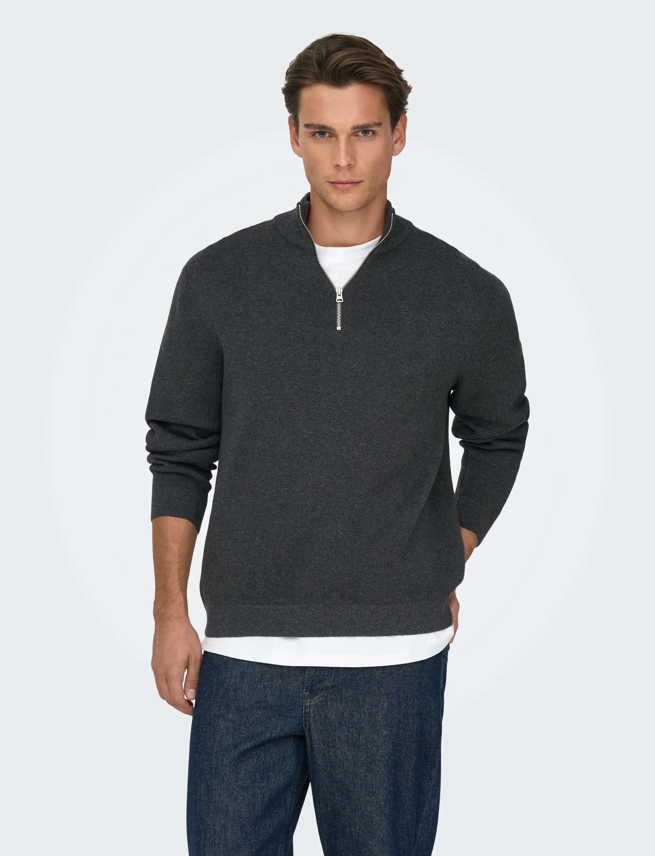 ONLY & SONS - ONSTING LIFE REG HALF ZIP KNIT NOOS - half zip jumpers - dark grey melange - 0