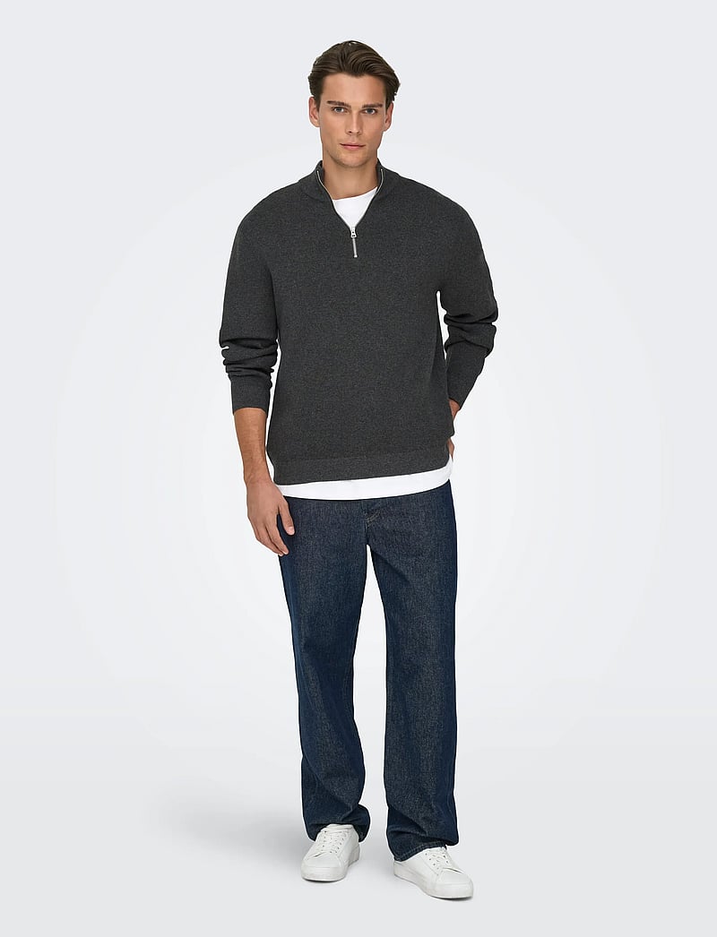 ONLY & SONS - ONSTING LIFE REG HALF ZIP KNIT NOOS - halfzip strik - dark grey melange - 4