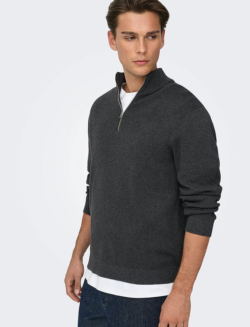ONLY & SONS - ONSTING LIFE REG HALF ZIP KNIT NOOS - halfzip strik - dark grey melange - 5