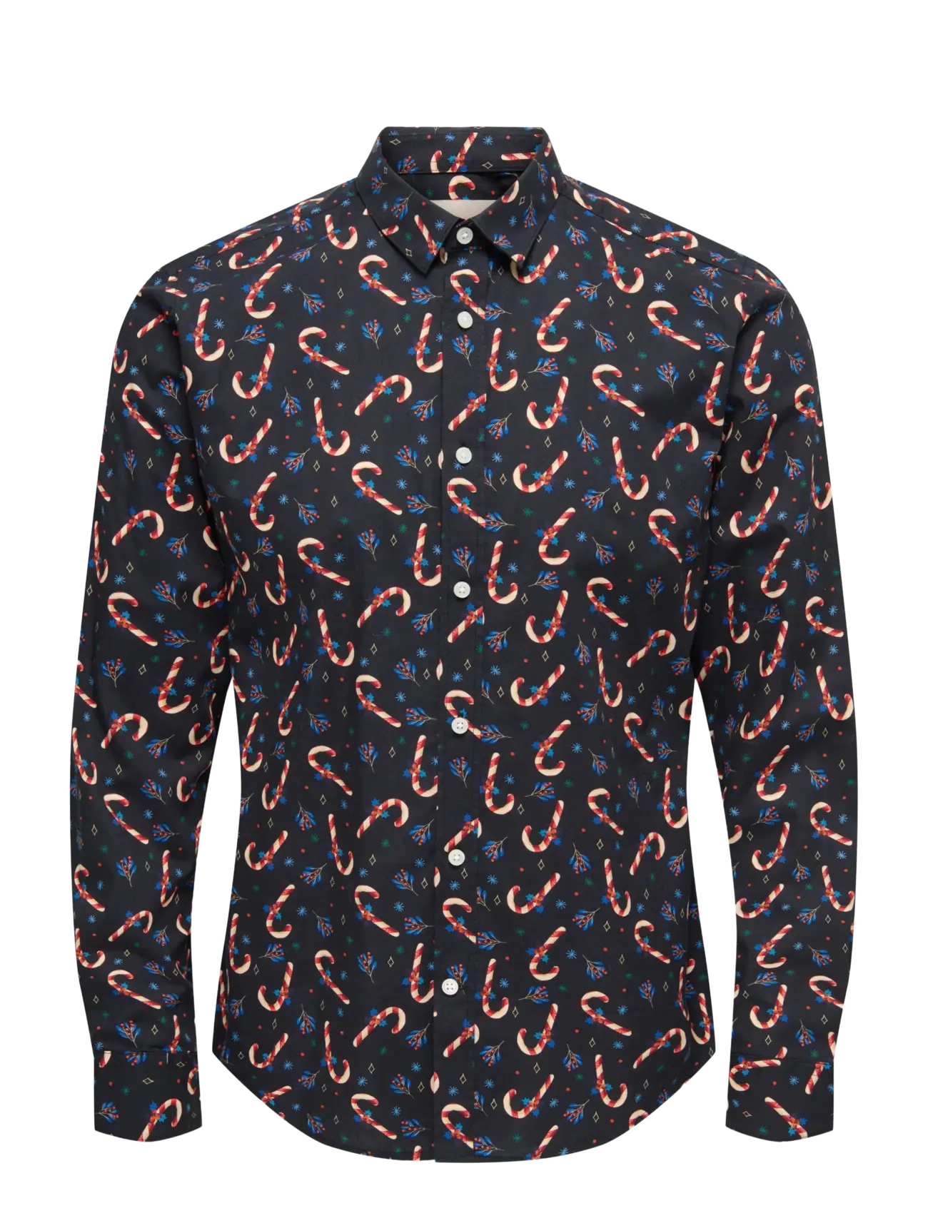 ONSELF XMAS AOP SLIM POPLIN LS SHIRT - BLACK